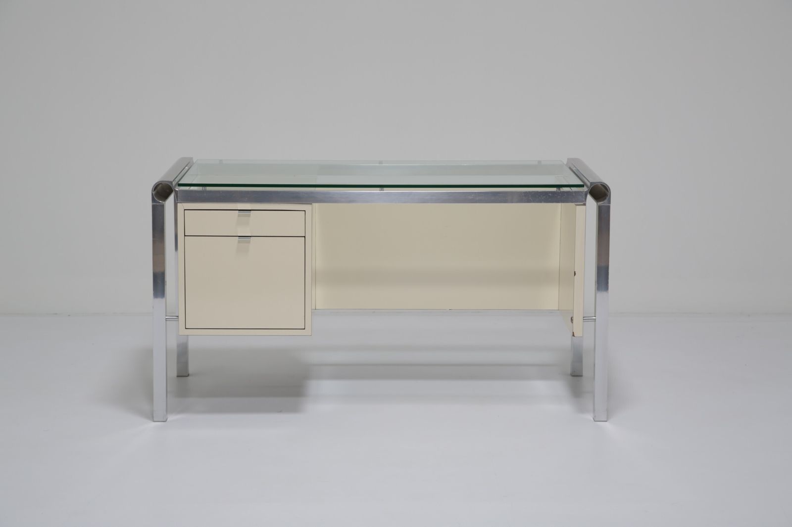 Pierre Cardin Architectural Desk: In Cream Lacquer & Chrome With Glass Top, 1970s photo furniture