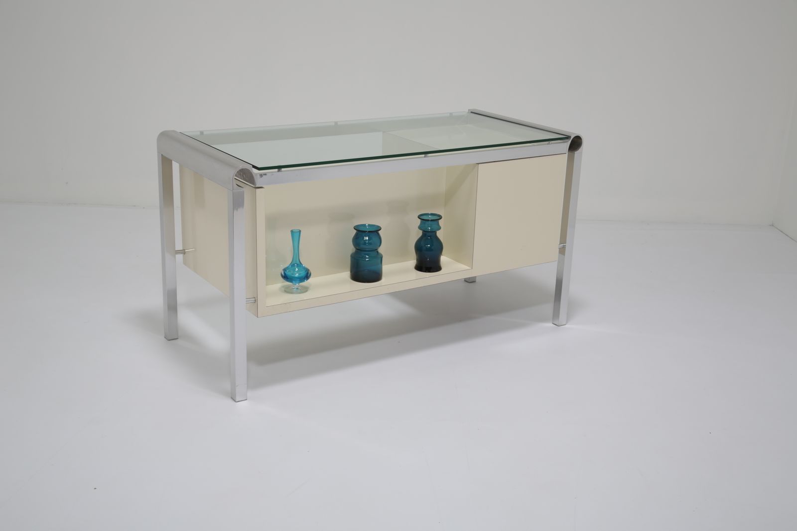 Pierre Cardin Architectural Desk: In Cream Lacquer & Chrome With Glass Top, 1970s photo Furniture