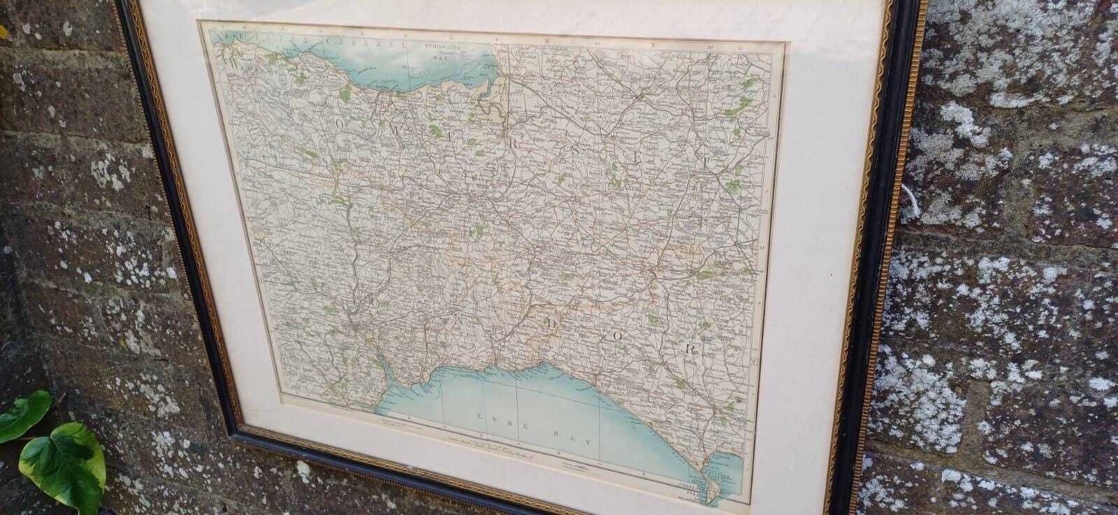 Antique Vintage Framed 1900s Map Of South West England – Dorset Devon Lyme Bay – Original Antique Geographical Wall Art, Uk Counties Map photo furniture