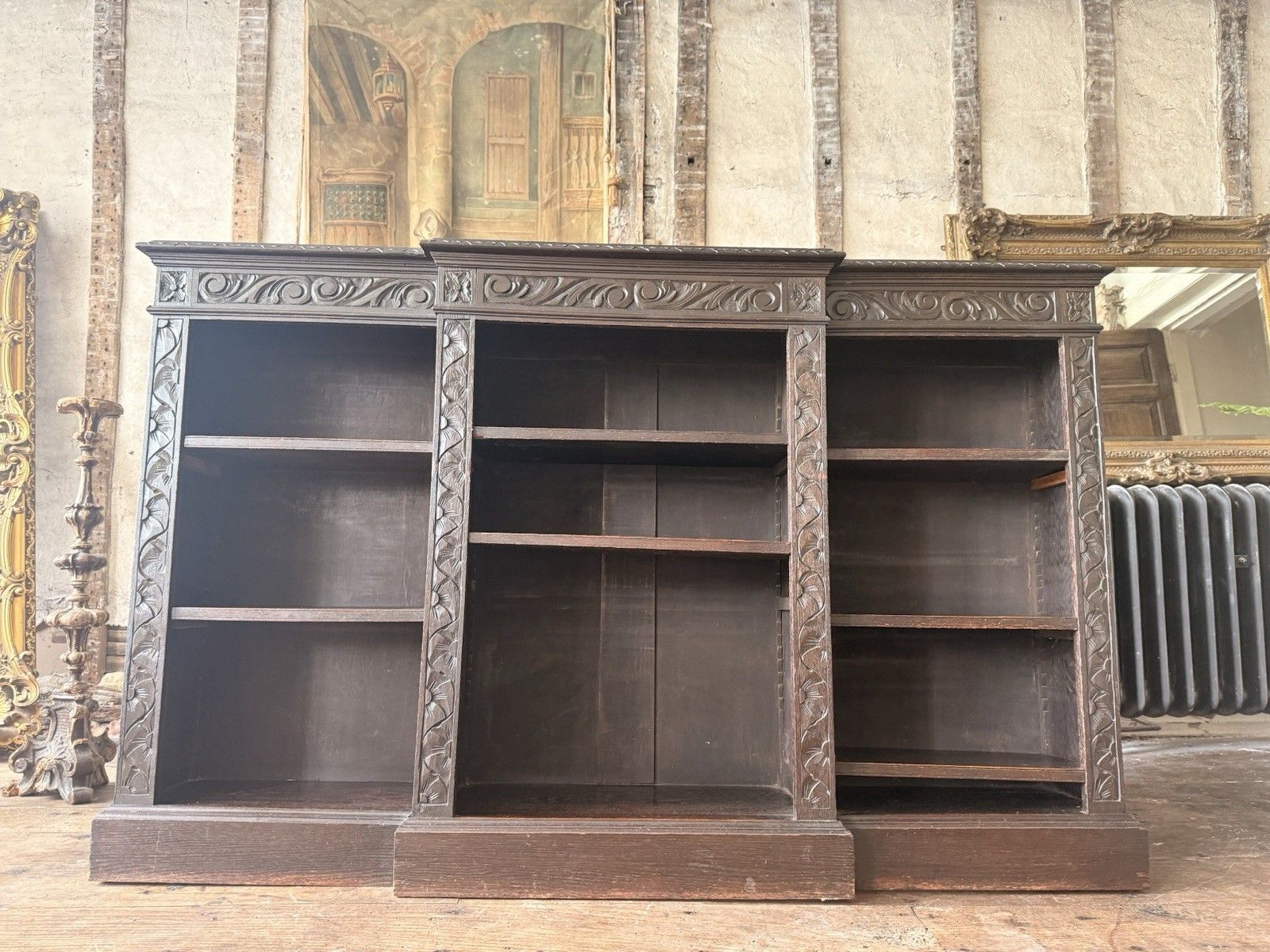 Antique Oak Gothic Carved Freestanding Open  Adjustable Shelves Bookcase C1880 photo for sale