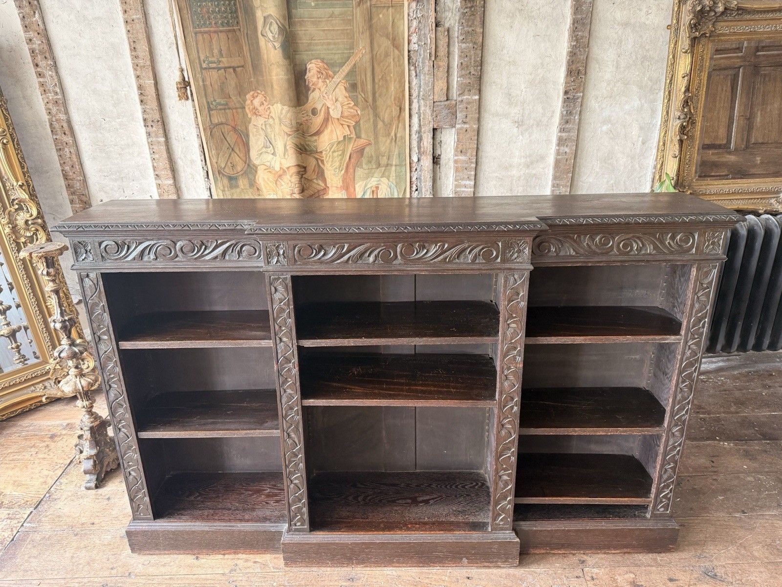 Antique Oak Gothic Carved Freestanding Open  Adjustable Shelves Bookcase C1880 photo buy