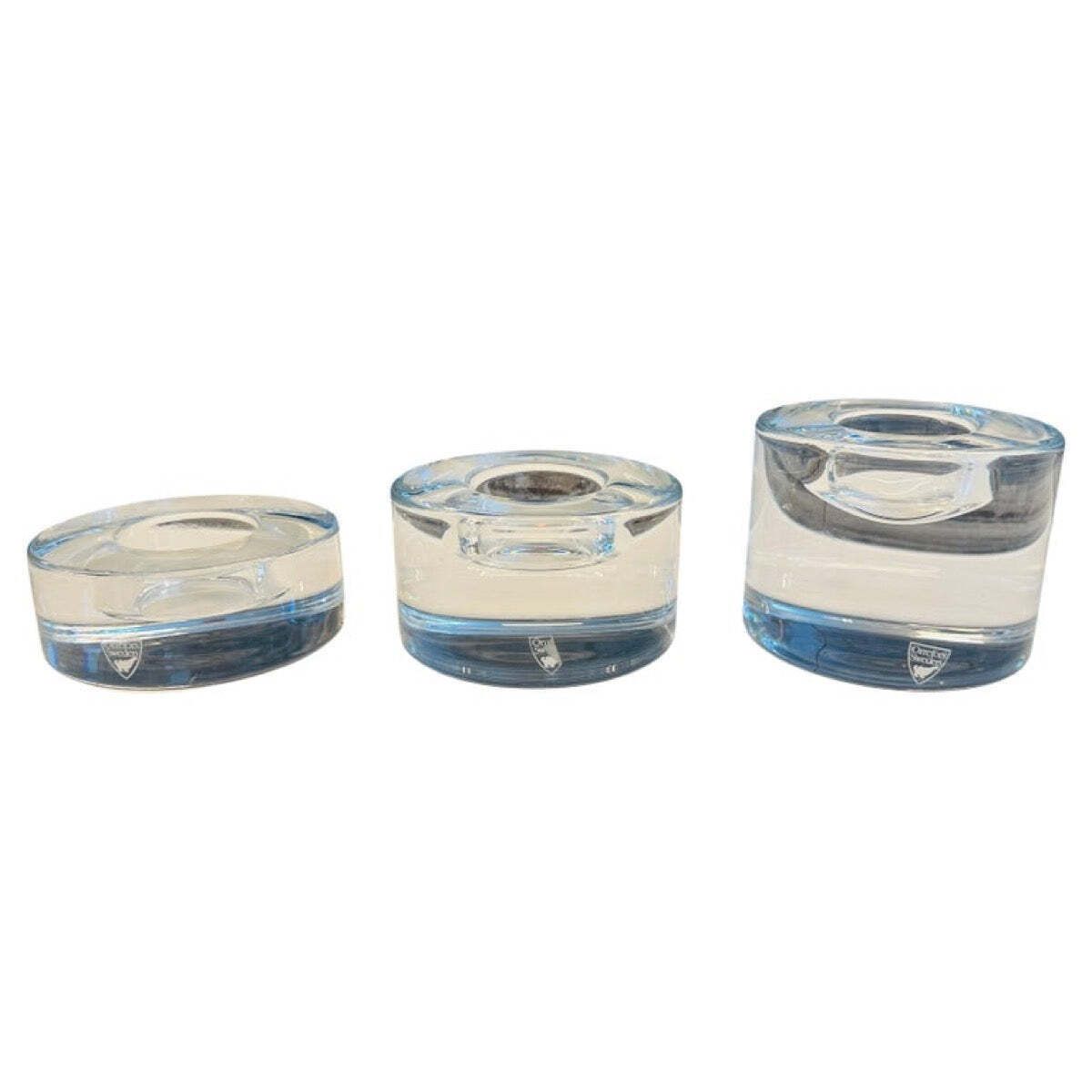 Set Of 3 Swedish Orrefors "Puck" Crystal Glass Circular Candle Votive Holders