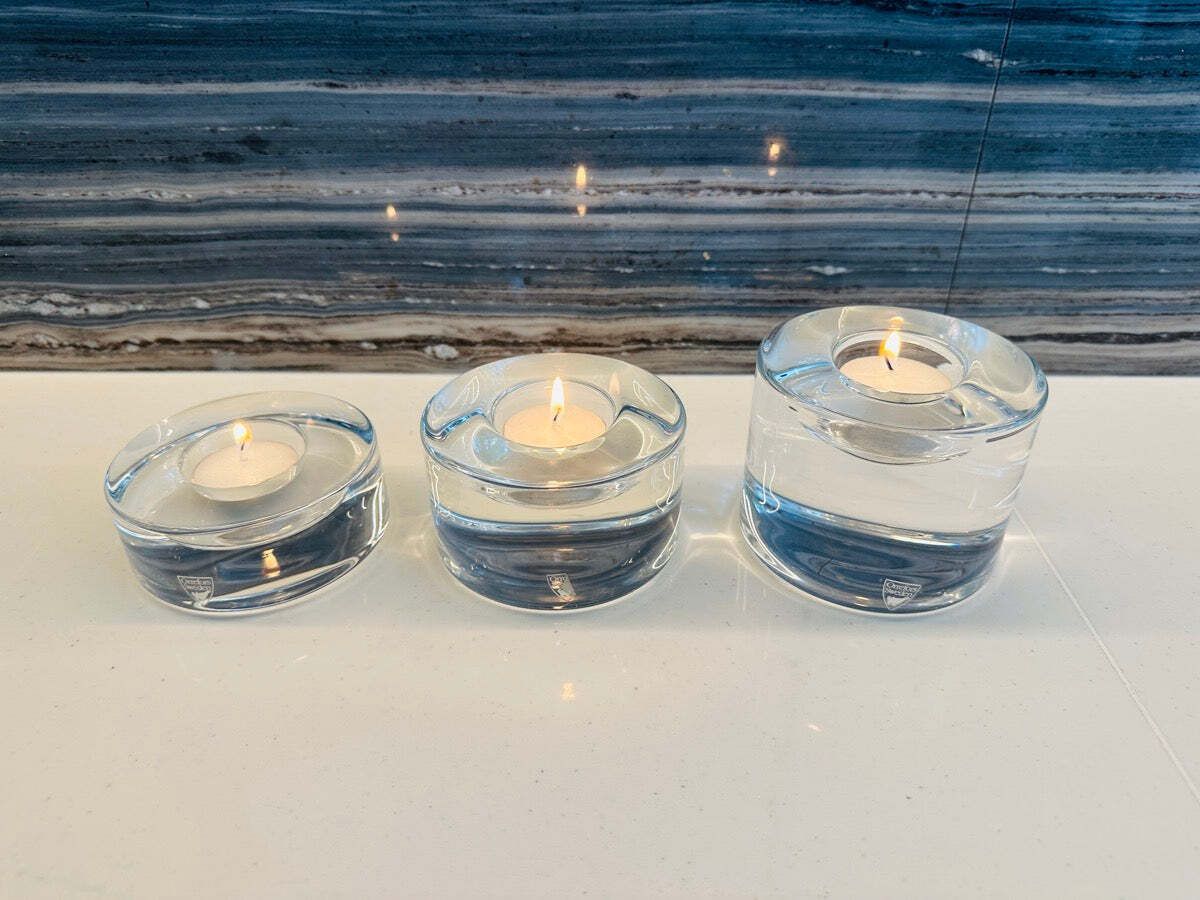 225.0 Set Of 3 Swedish Orrefors "Puck" Crystal Glass Circular Candle Votive Holders photo