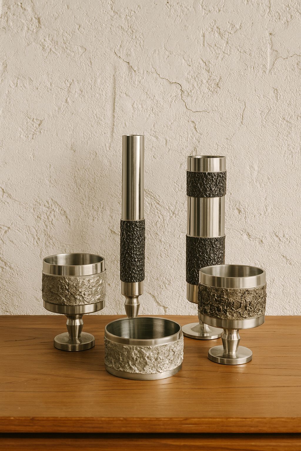 Set Of 5 Brutalist Steel Vases And Bowls 1970 photo furniture