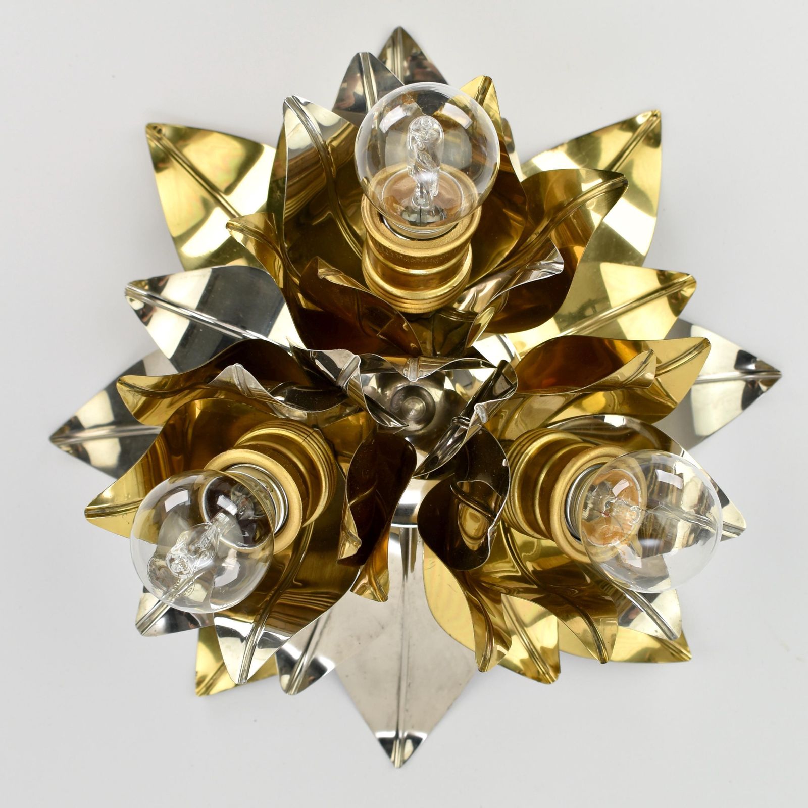 Mid Century Maison Jansen Style Flush Mount | Gold Silver Brass Aluminium Flower Ceiling Light Fixture Lamp | Bagues Banci Italian Vintage photo for sale