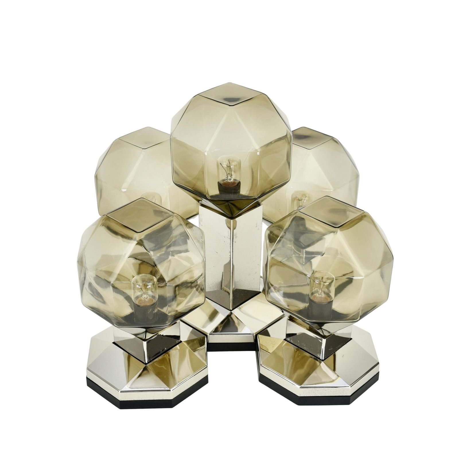 1970s Motoko Ishii Flush Mount Brass & Glass Lights For Staff Leuchten Modular Architectural Gold Smoked Cubist Ceiling Lamp Mid Century Mcm