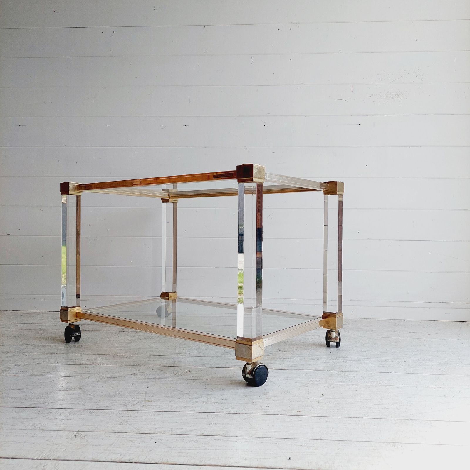 Mid Century Lucite Glass Brass Coffee Table Trolley Hollywood Regency By Pierre Vandel France  70s photo furniture