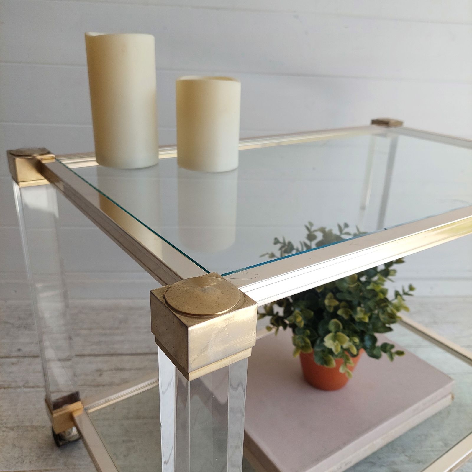 Mid Century Lucite Glass Brass Coffee Table Trolley Hollywood Regency By Pierre Vandel France  70s photo 525.0