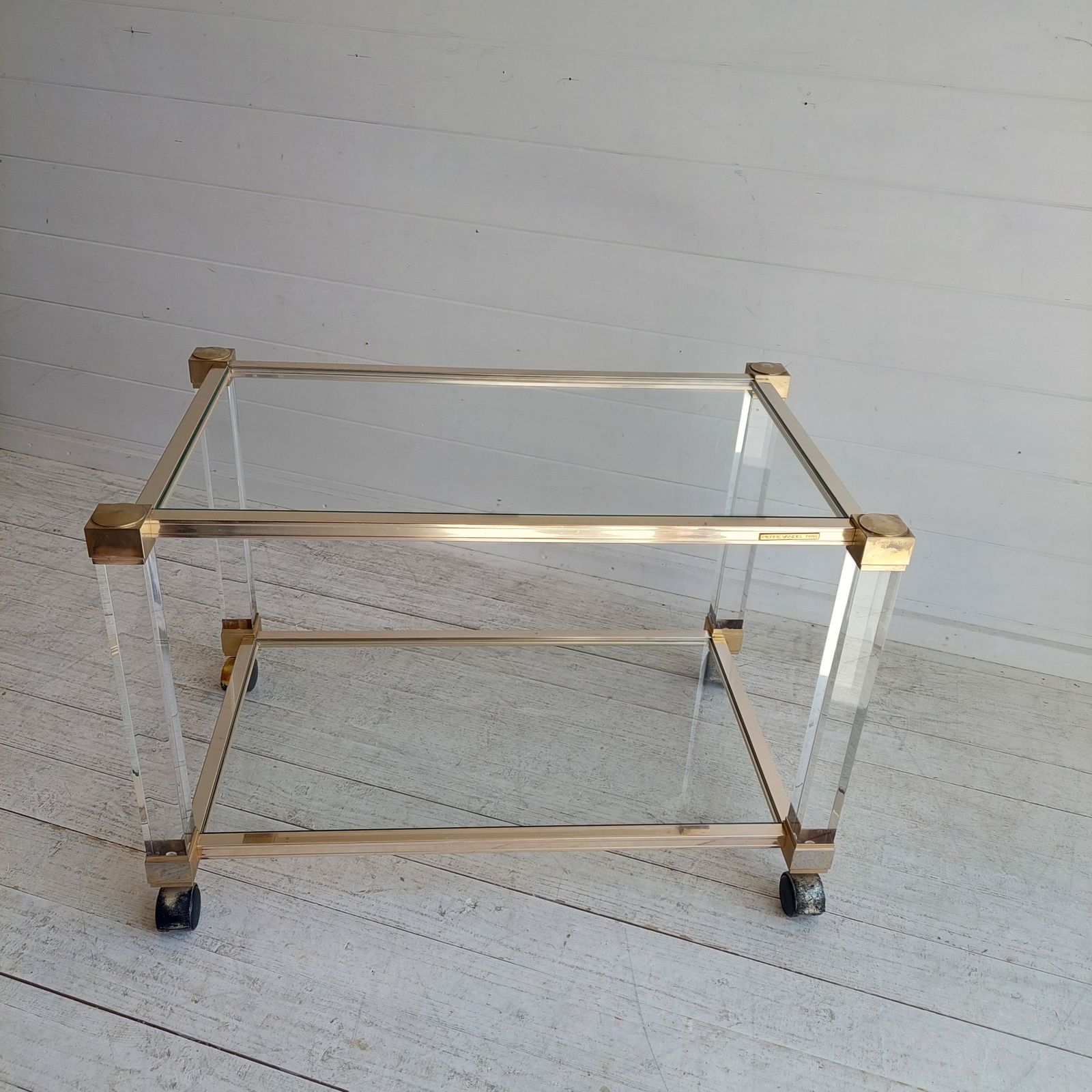 photo for sale Mid Century Lucite Glass Brass Coffee Table Trolley Hollywood Regency By Pierre Vandel France  70s