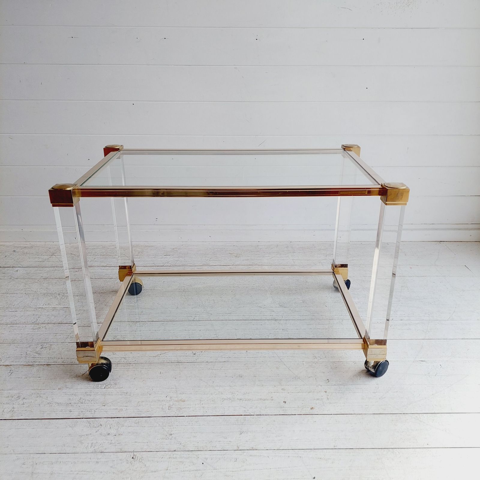 Mid Century Lucite Glass Brass Coffee Table Trolley Hollywood Regency By Pierre Vandel France  70s photo vintage