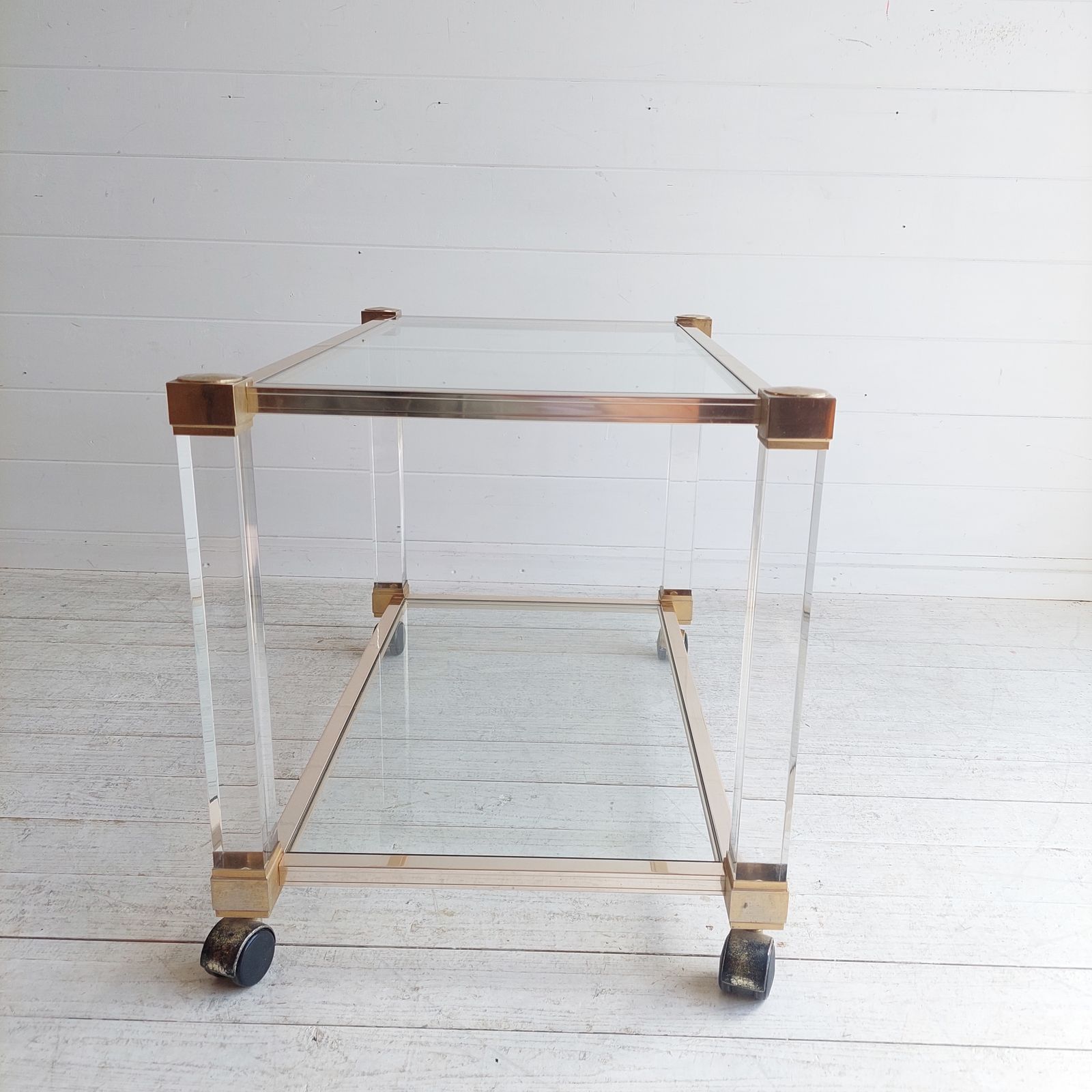 photo buy Mid Century Lucite Glass Brass Coffee Table Trolley Hollywood Regency By Pierre Vandel France  70s