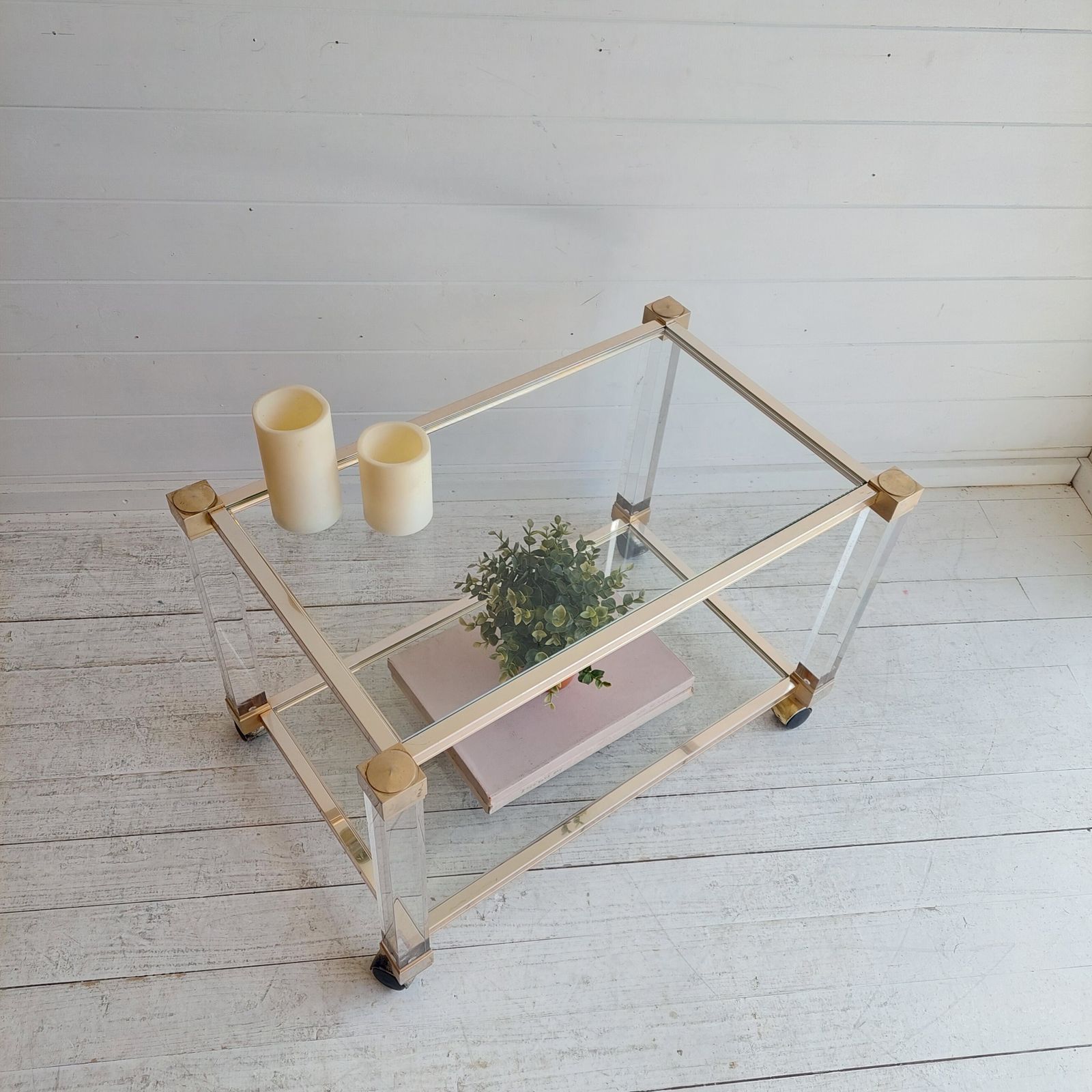 Mid Century Lucite Glass Brass Coffee Table Trolley Hollywood Regency By Pierre Vandel France  70s photo vinterior