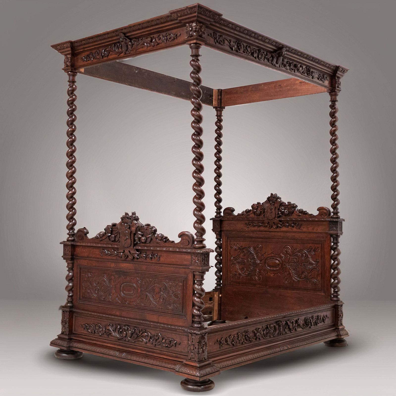 Antique Heavily Carved Continental Four Posted Bed | European Double