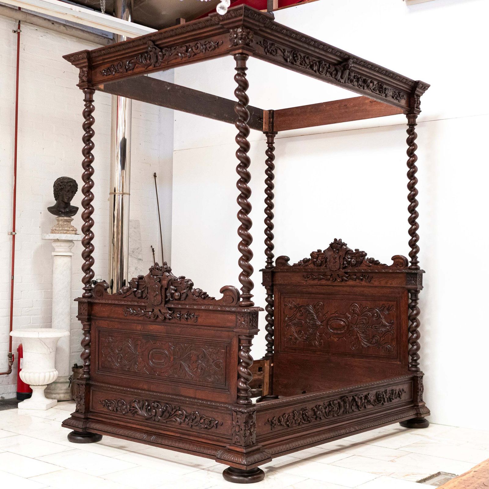 Antique Heavily Carved Continental Four Posted Bed | European Double photo for sale