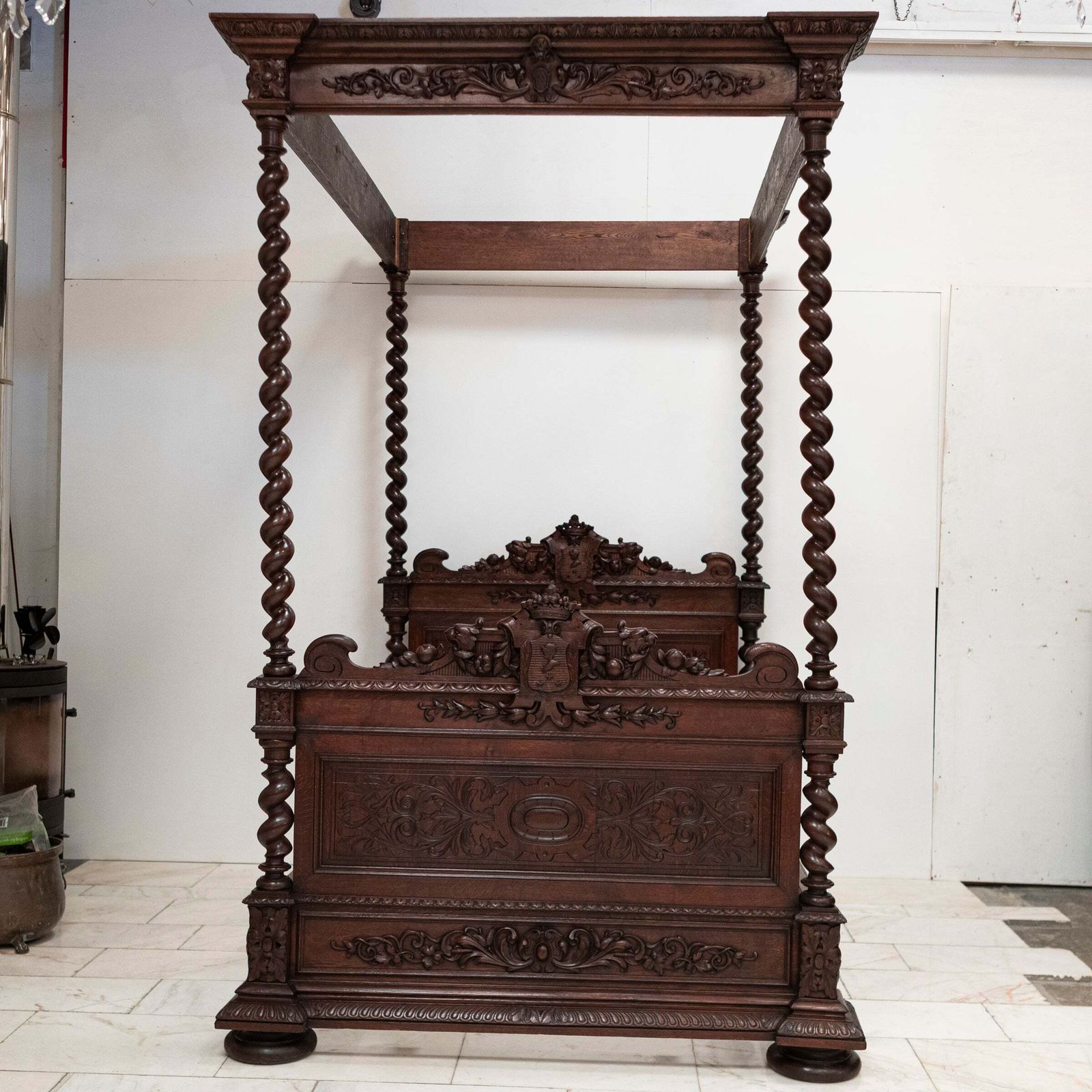 photo furniture Antique Heavily Carved Continental Four Posted Bed | European Double