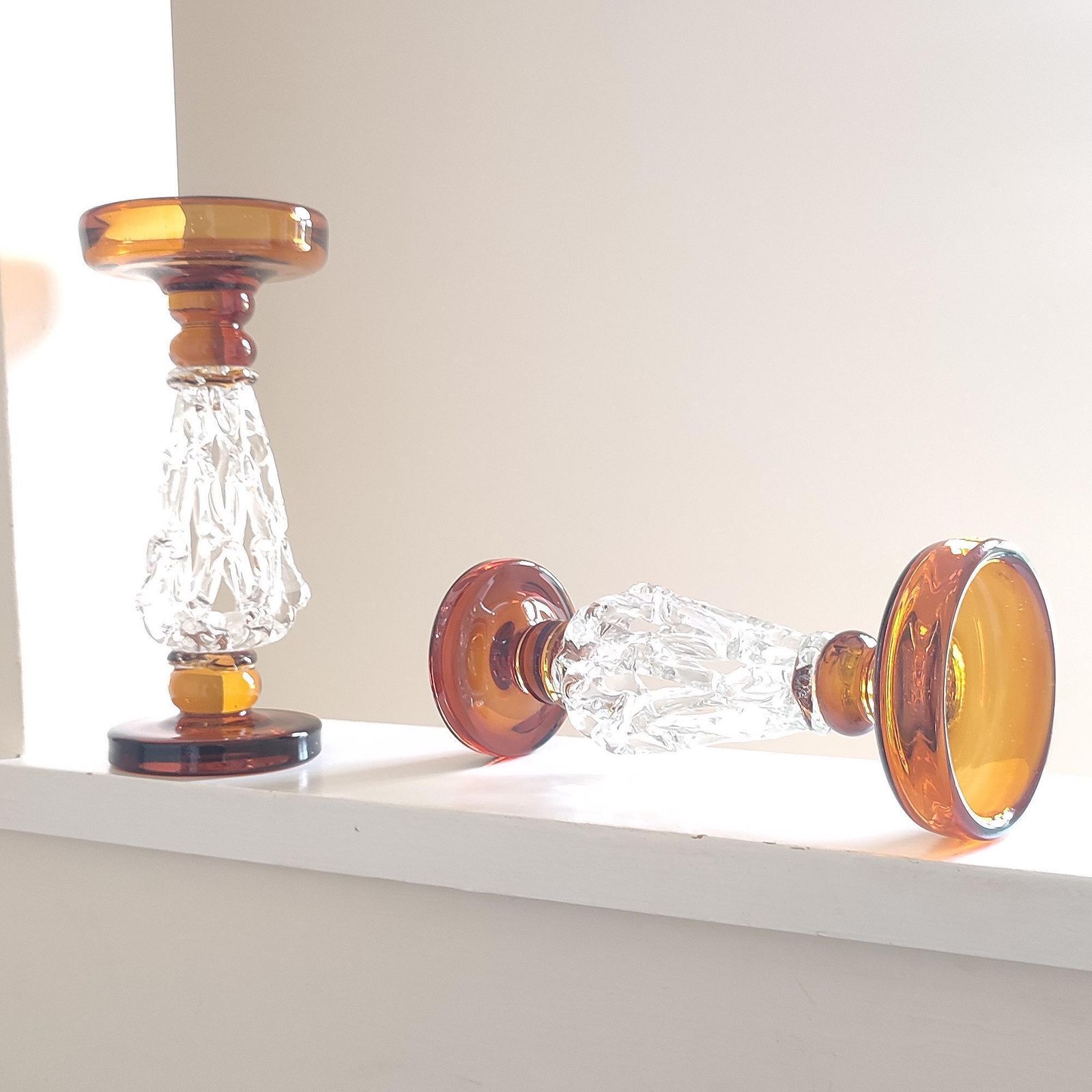 Large Pair 60s Mid Century Modern Amber & Clear Glass Church Candle Holders   Pierced Uprights Vintage Accent Mantle Table Centrepiece 10.5" photo for sale