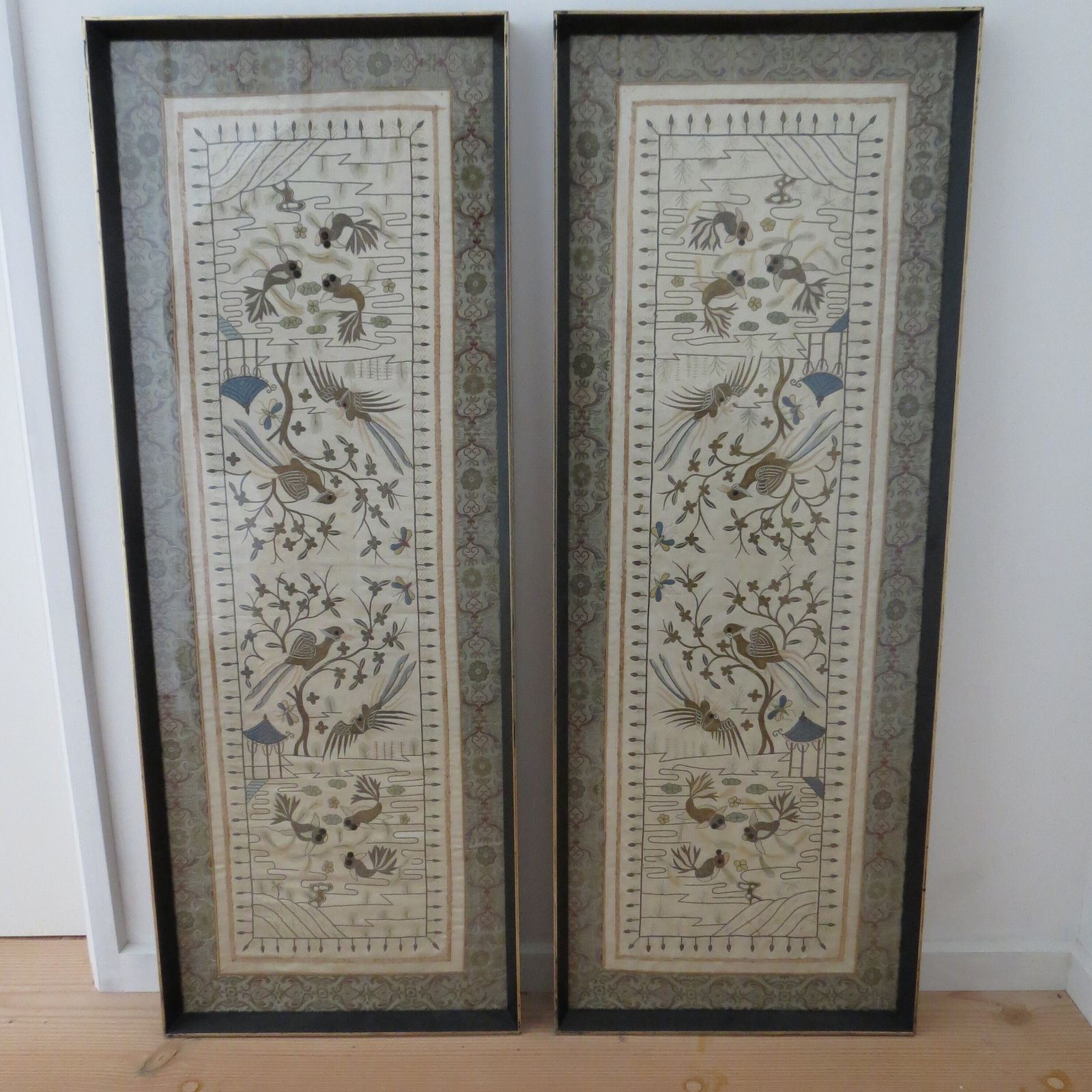 Pair Of Antique Chinese Silk And Metallic Thread Tapestries 1900 Koi Carp photo 995.0