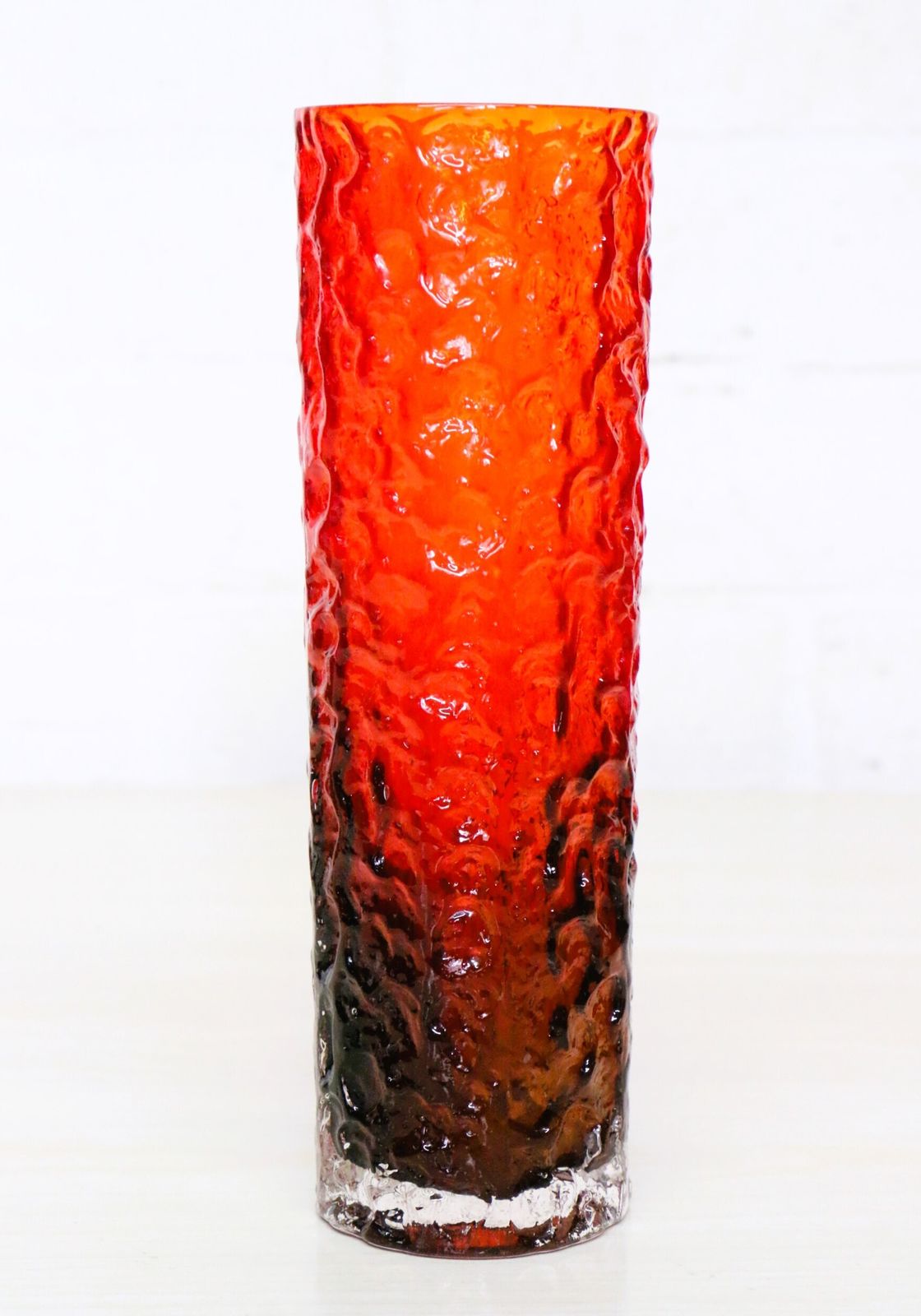 A 1970's Textured Bark Effect Glass Vase In A Dark Red Graduating To Black Japanese Original