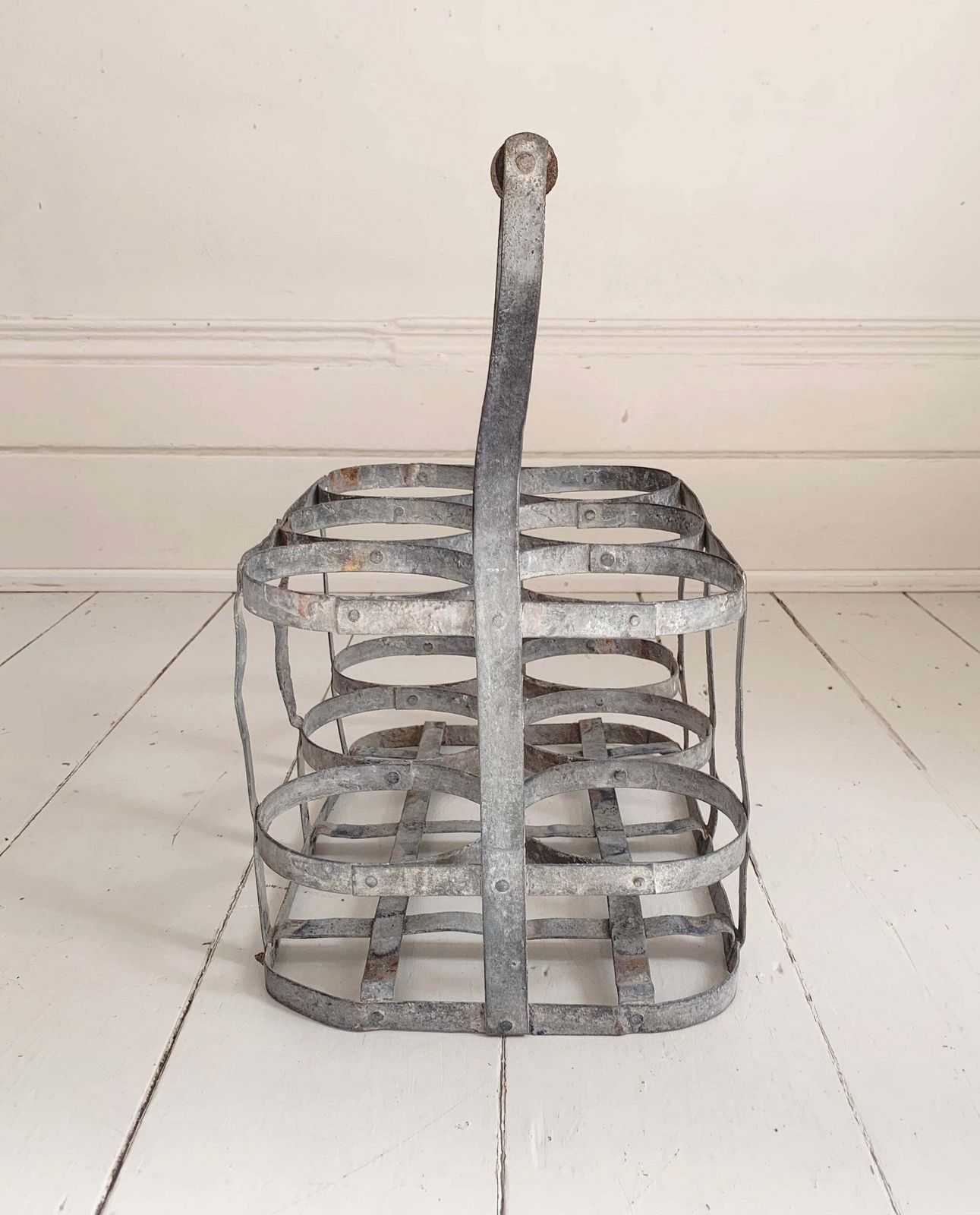 Antique French Galvanised Metal Milk / Wine Bottle Holder   Holds Six Bottles photo furniture