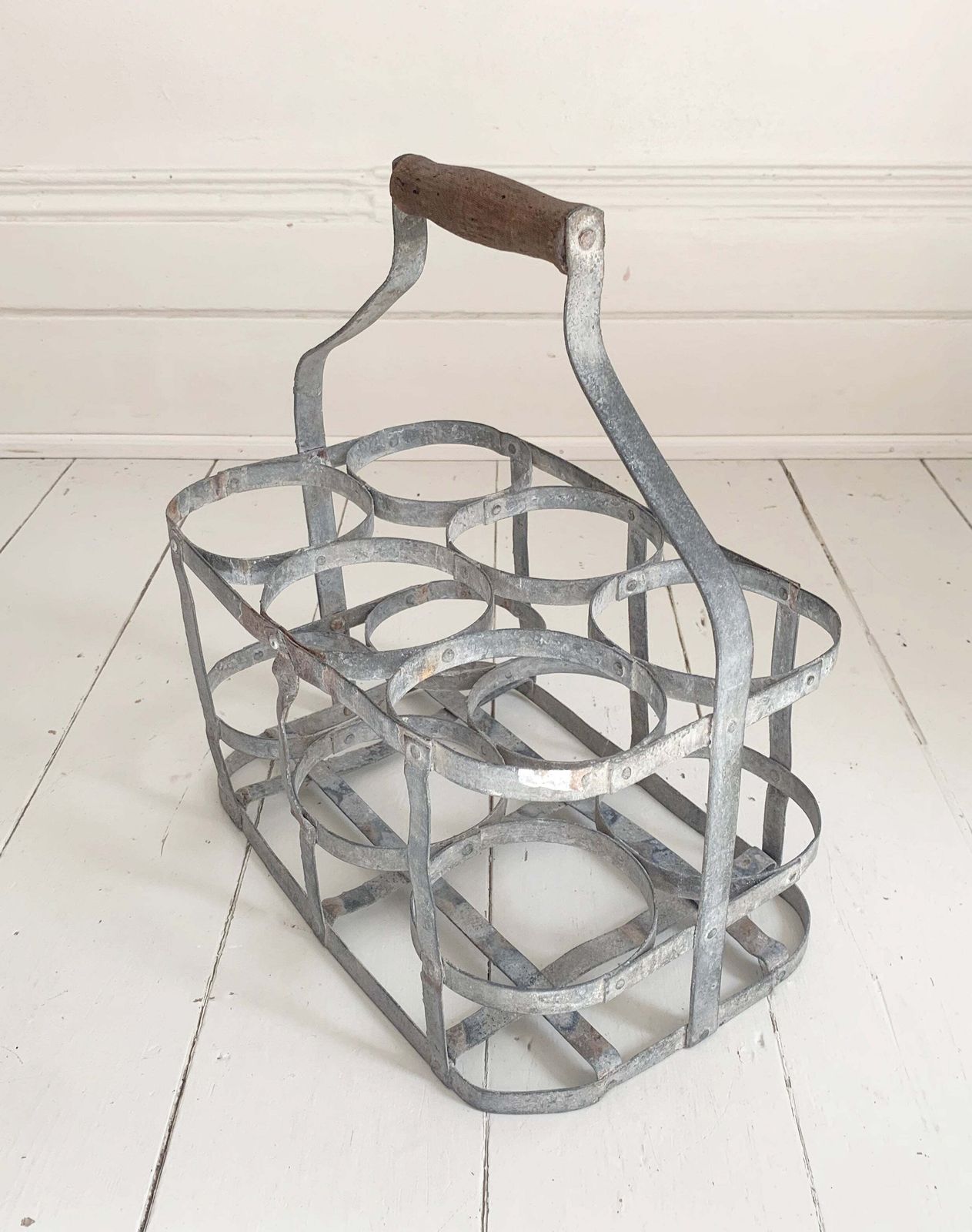 Antique French Galvanised Metal Milk / Wine Bottle Holder   Holds Six Bottles photo for sale