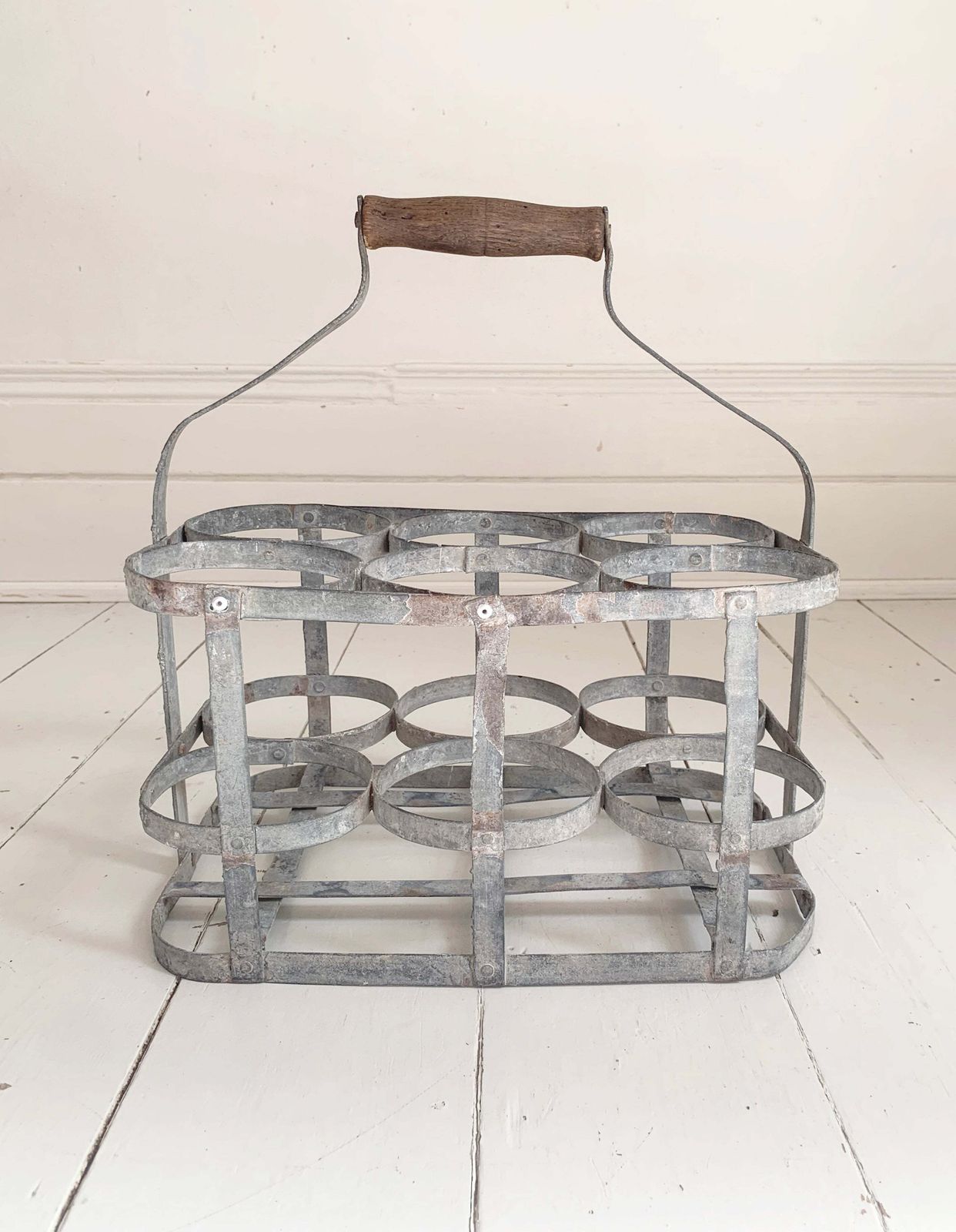 Antique French Galvanised Metal Milk / Wine Bottle Holder   Holds Six Bottles photo Home Decor