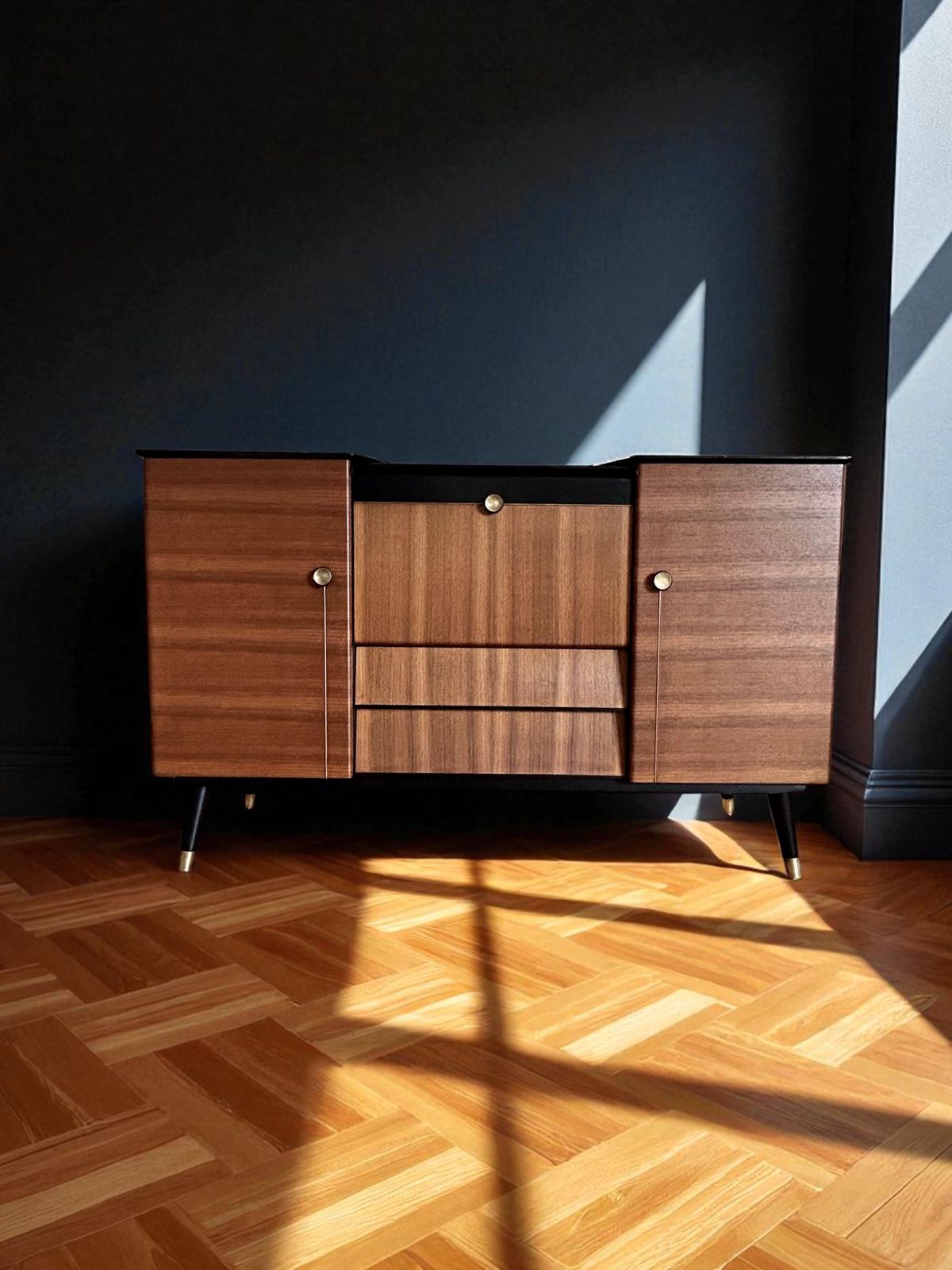 Mid Century Beautility Cocktail Cabinet.  Professionally Refurbished, Handpainted Accents. photo for sale