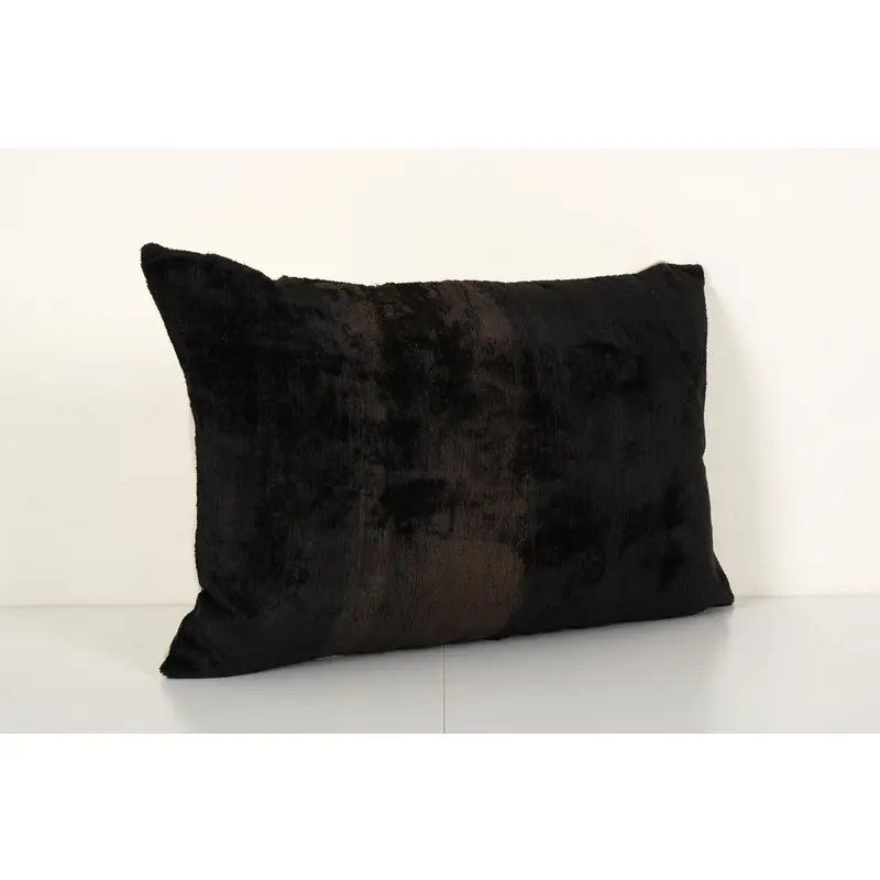 Black Handloom Ikat Pillow, Silk Velvet Lumbar Pillow Cover, Simple Uzbek Ikat photo for sale