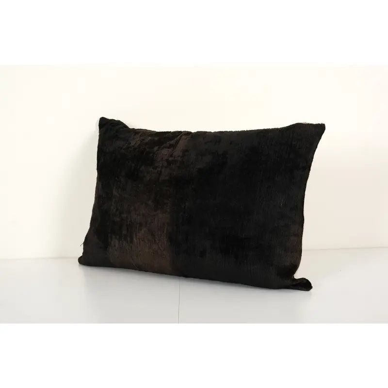 Black Handloom Ikat Pillow, Silk Velvet Lumbar Pillow Cover, Simple Uzbek Ikat photo Textiles