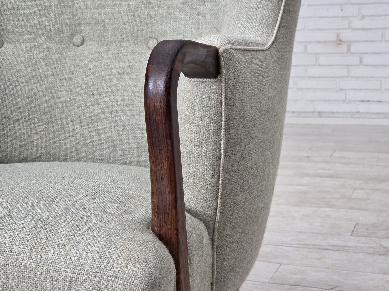 1960s, Danish Armchair, Original Light Grey Furniture Wool, Solid Teak Wood. photo 1090.0