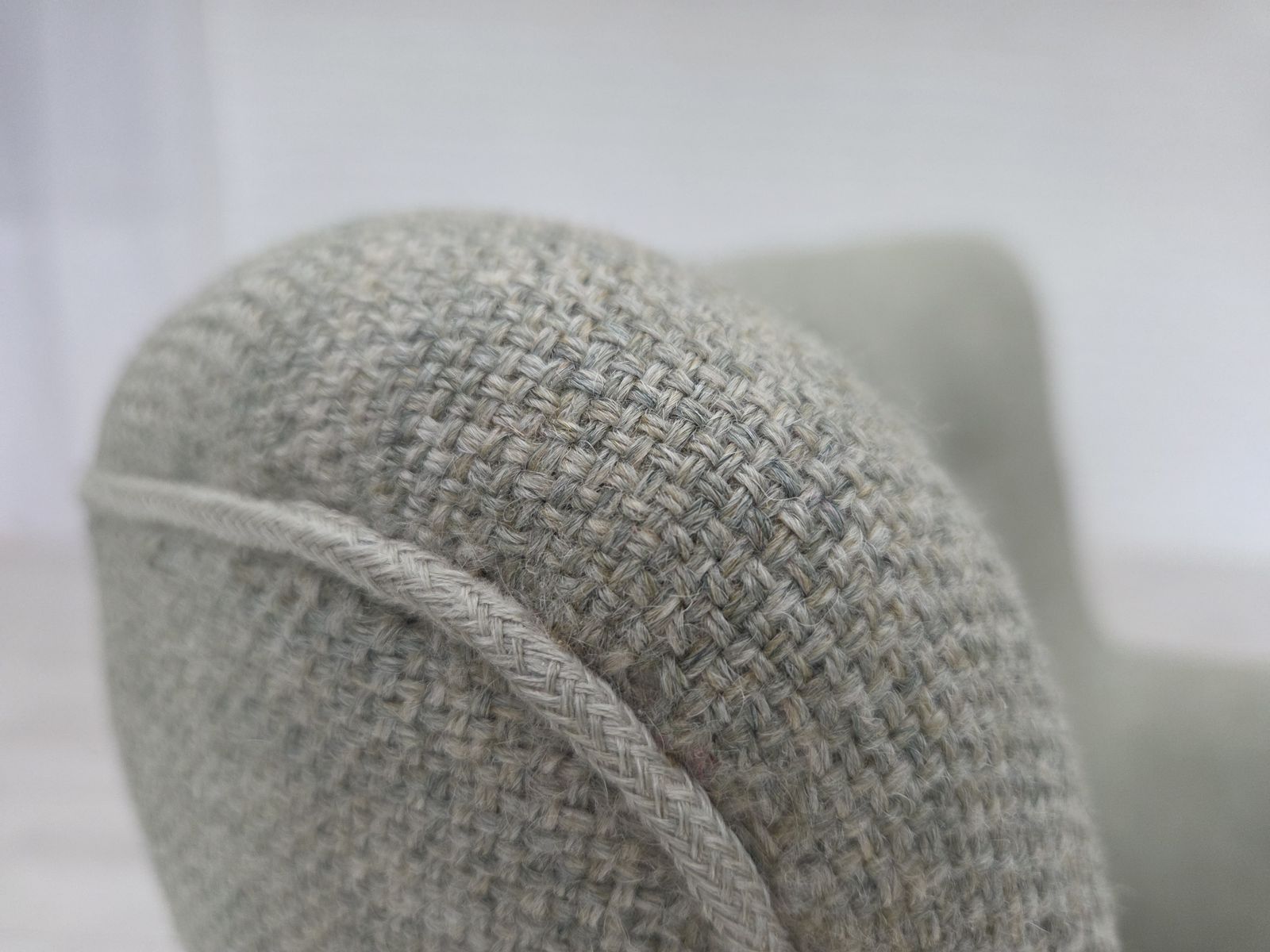 photo for sale 1960s, Danish Armchair, Original Light Grey Furniture Wool, Solid Teak Wood.