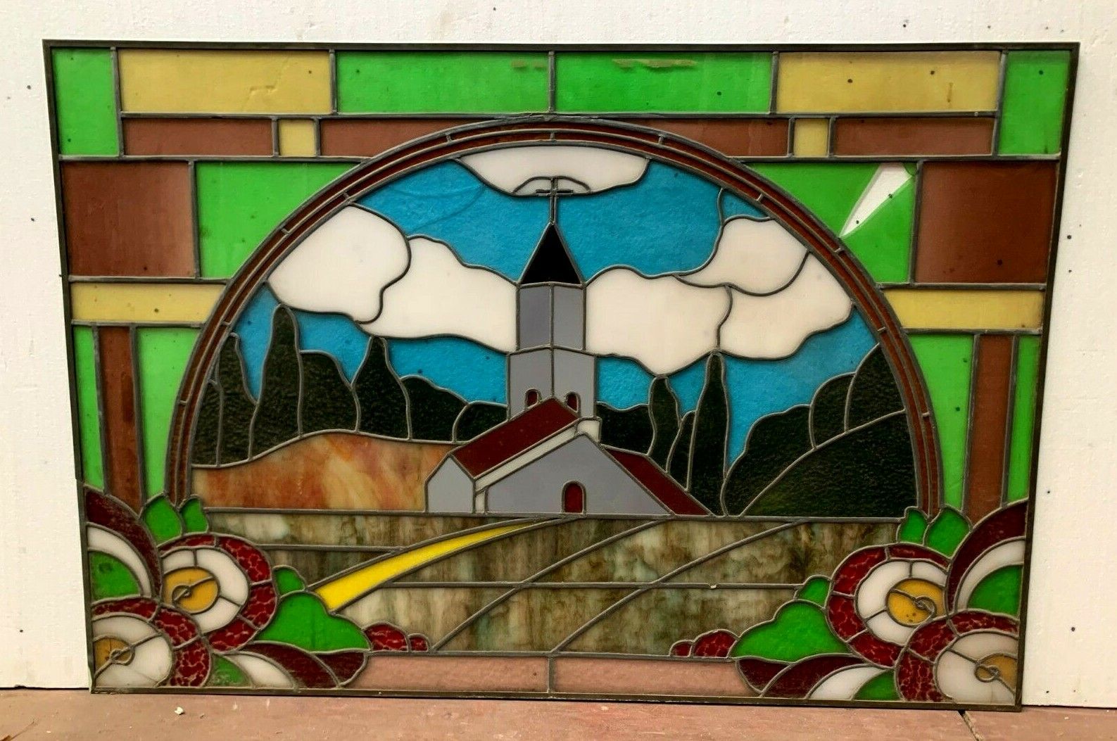 Art Deco Stained Glass Window Decorated With A Church Bell Tower 20th Century