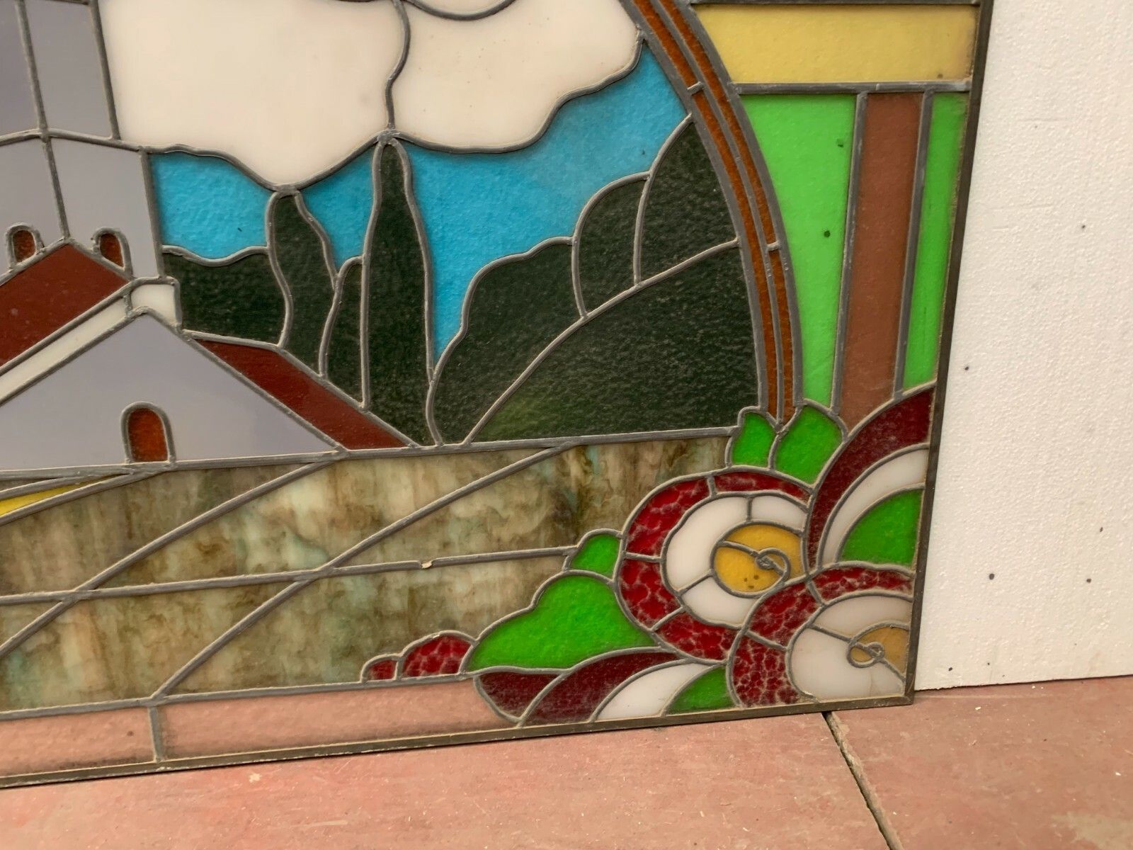 Art Deco Stained Glass Window Decorated With A Church Bell Tower 20th Century photo Art