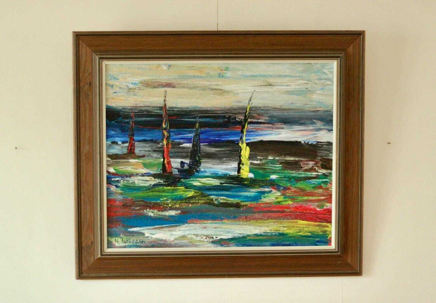 Original Mid Century Swedish Oil On Canvas Painting "östersund" By Nils Nilsson – Vintage & Framed | 58 × 49 Cm / 22.8 × 19.3 In photo furniture