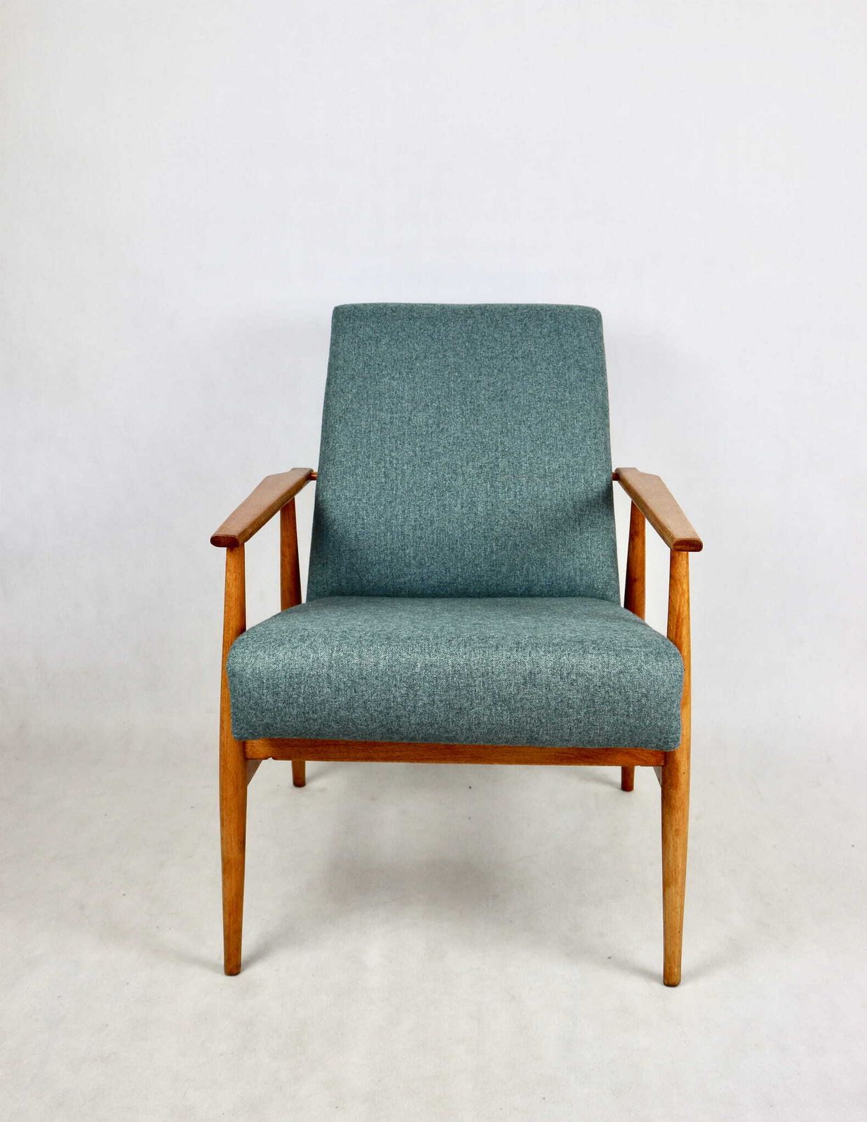photo for sale Armchair "Lis", 70s Turquoise Tweed Design Henryk Lis   Natural Beech Wood