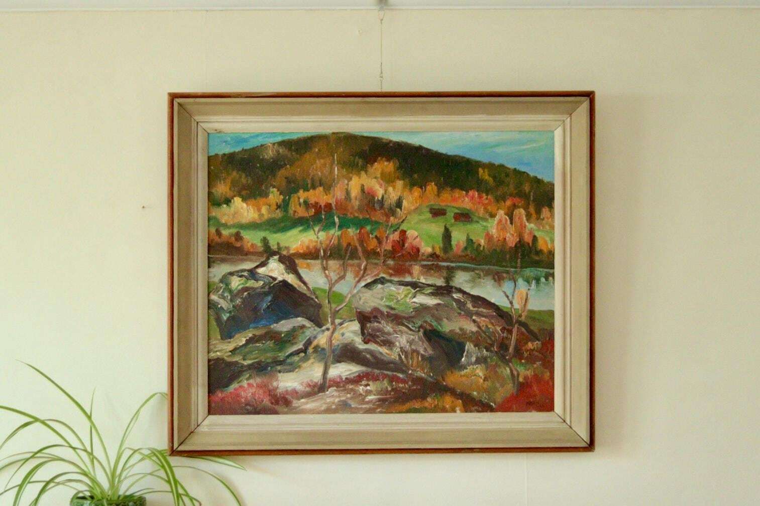 Original Mid Century Swedish Oil On Canvas Painting "Autumn Day Järvsö" – Vintage & Framed | 73 × 62 Cm / 28.7 × 24.4 I photo furniture