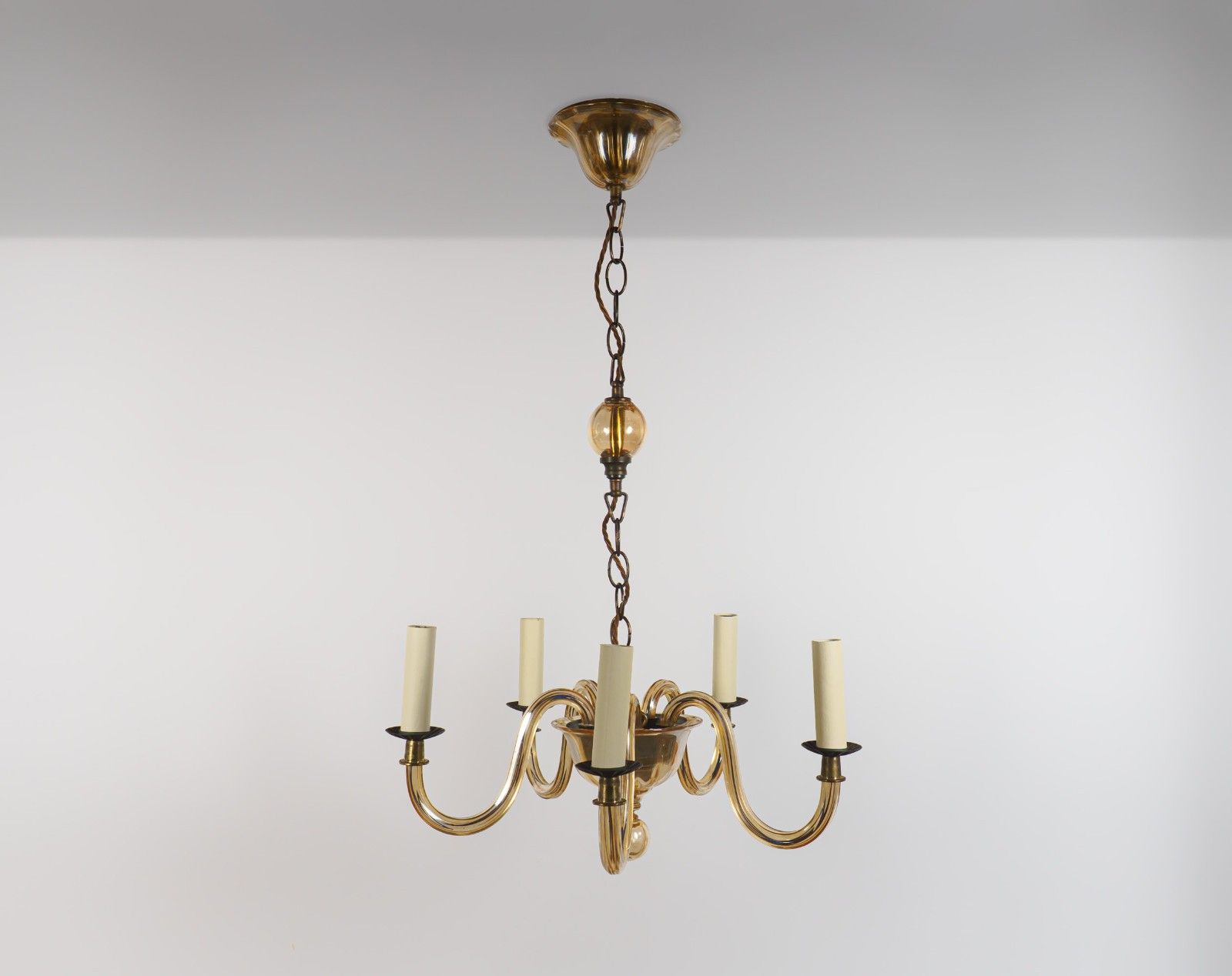 Vintage 1960s Murano 5 Arm Ribbed Gold Topaz Glass Chandelier Lamp – Rewired photo furniture