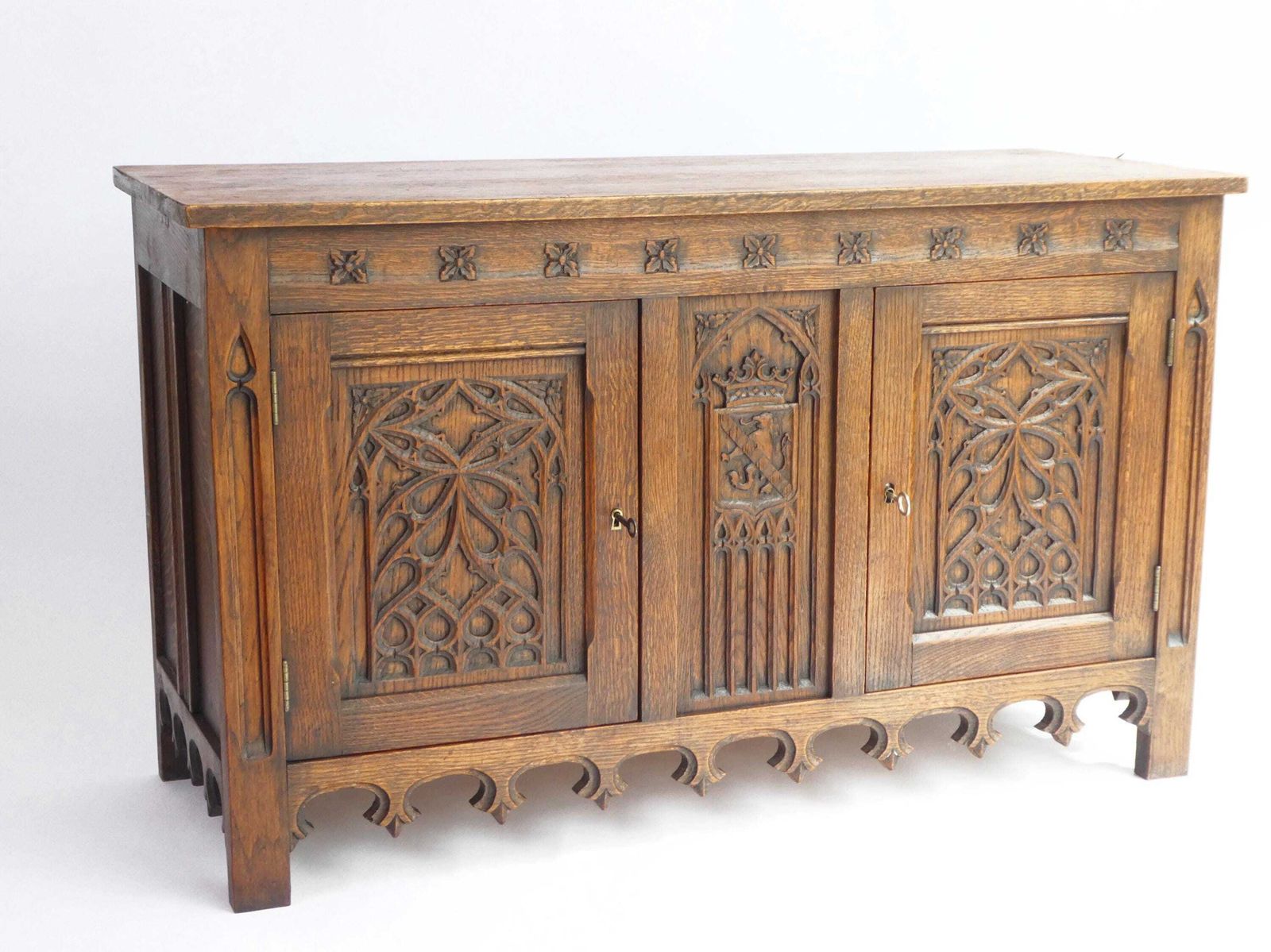 Antique Gothic Wooden Credenza, Hand Carved Cabinet With Doors And Lock, 19th Century Medieval Cupboard With Lion And Church Window Panels