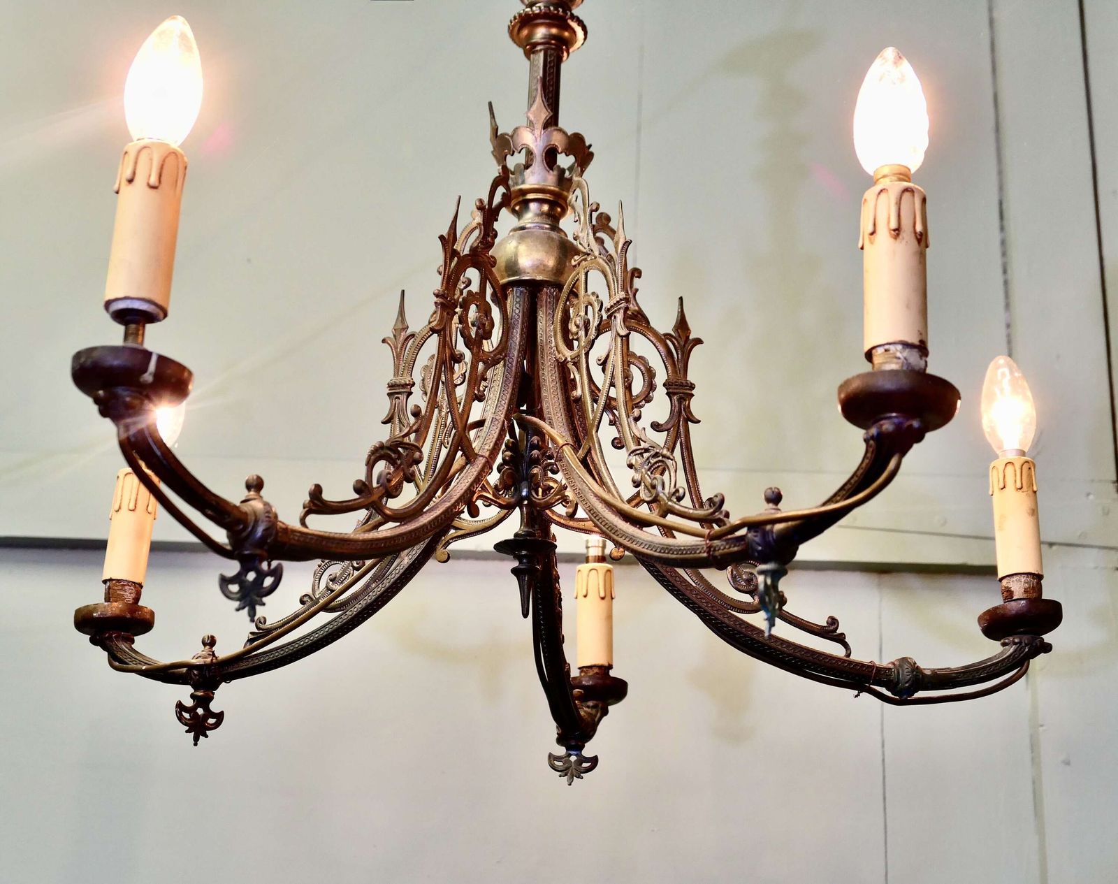 Gothic Gilded Brass 5 Branch Chandelier photo for sale
