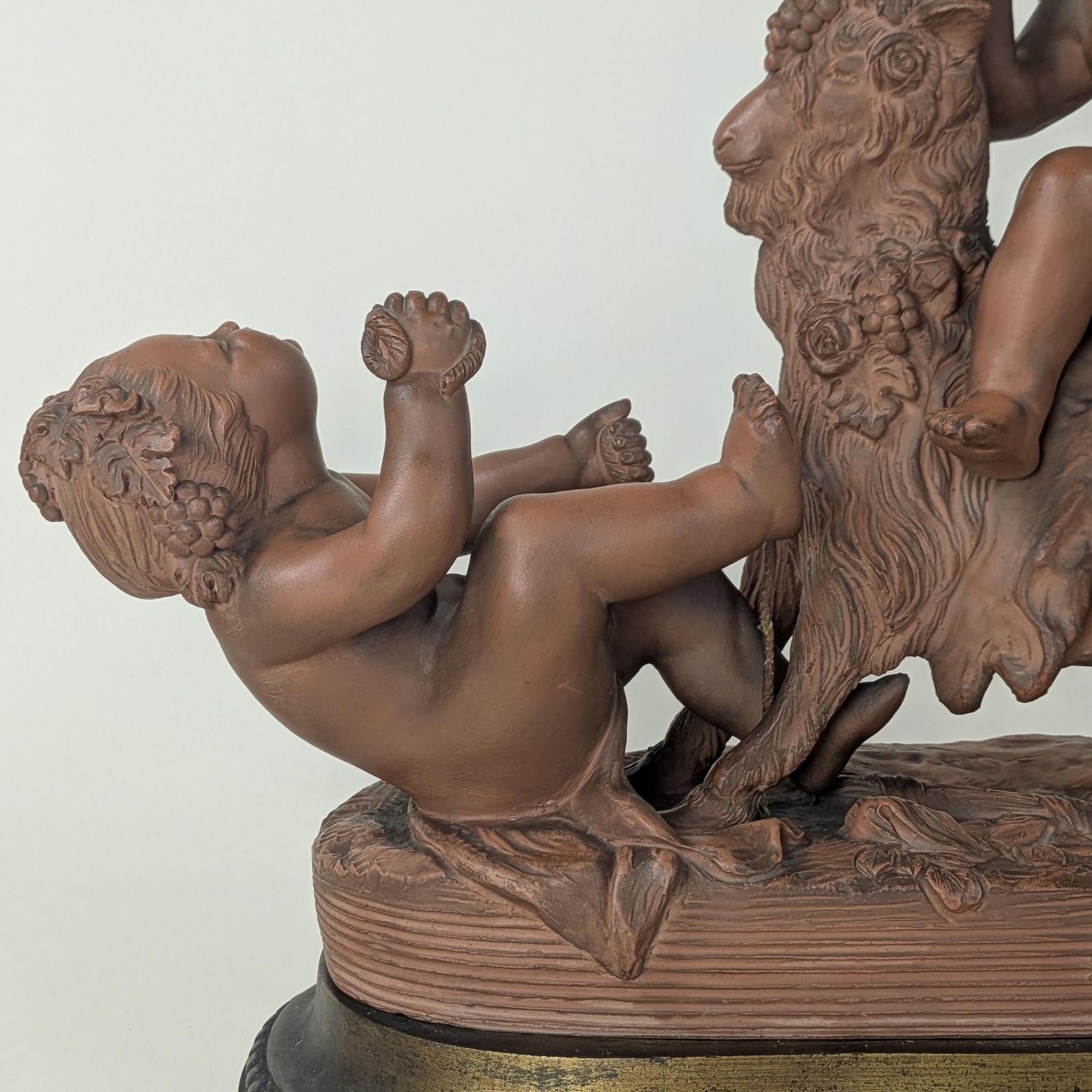 French Terracotta Putti And Goat Sculpture Signed By Toinel Large Clay Cherub And Goat Sculpture Statue, Art Decor From France photo for sale