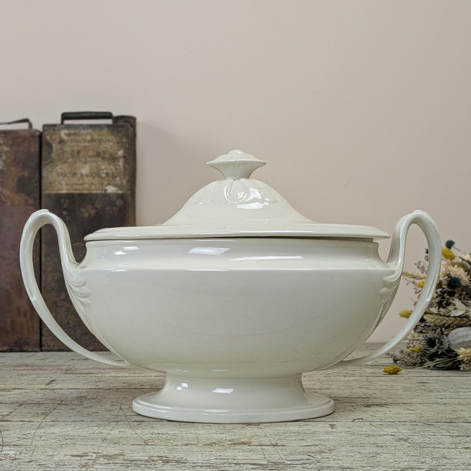 Antique French White Ironstone Tureen Elegant Neoclassical Design 19th Century Serving Dish Grand Farmhouse Decor Wabi Sabi