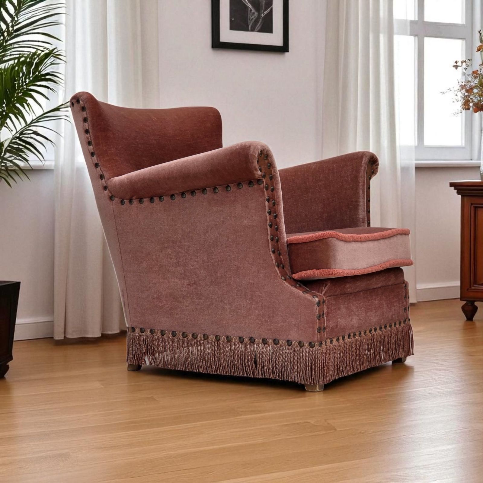 1970s, Danish Armchair, Salmon Pink Furniture Velour, Beech Wood.