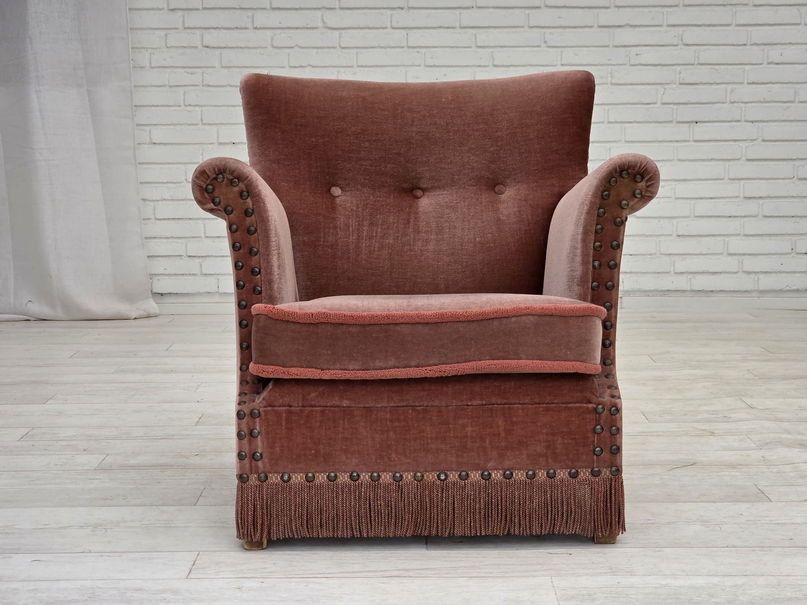 1970s, Danish Armchair, Salmon Pink Furniture Velour, Beech Wood. photo furniture