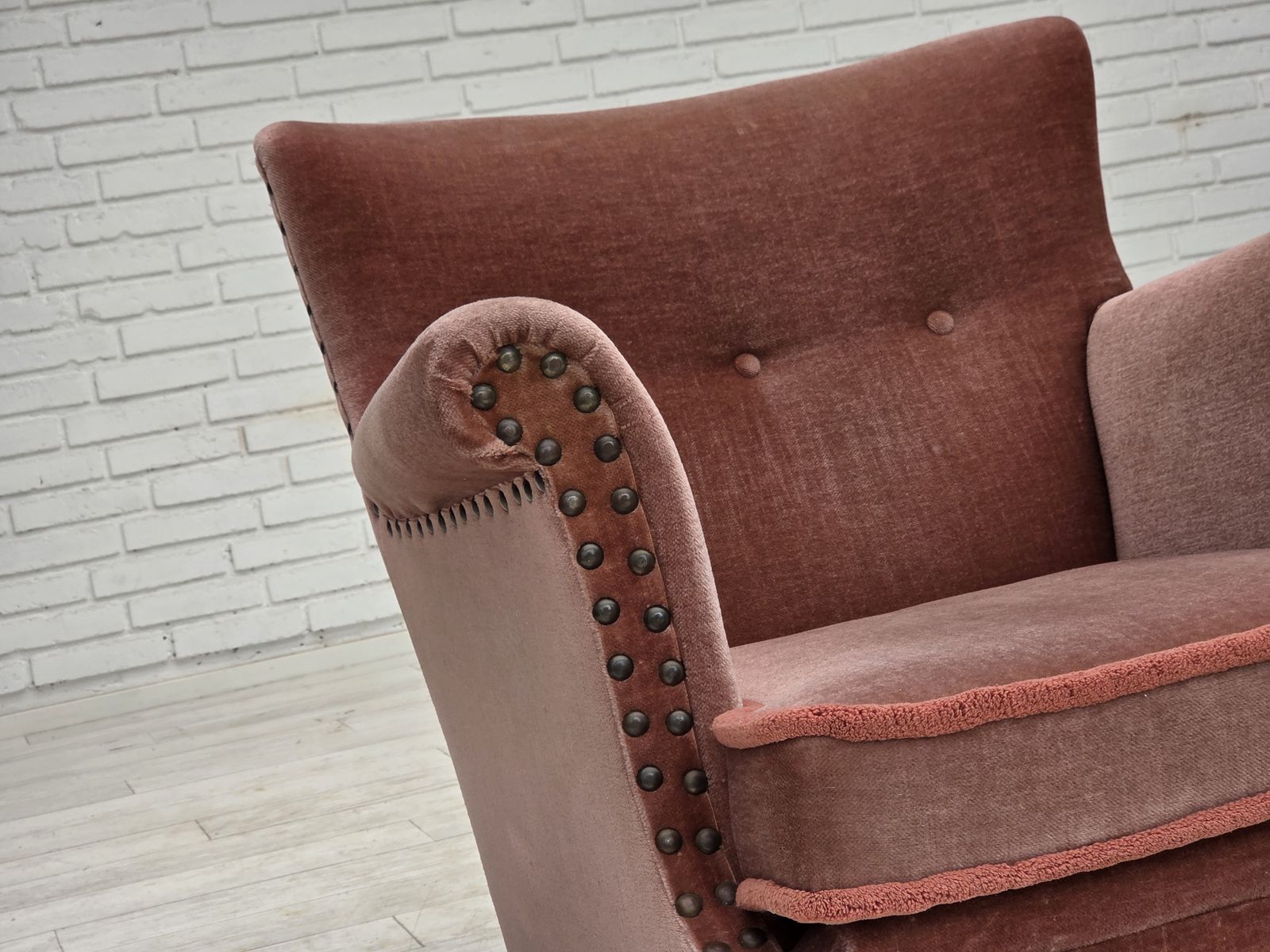 1970s, Danish Armchair, Salmon Pink Furniture Velour, Beech Wood. photo vinterior