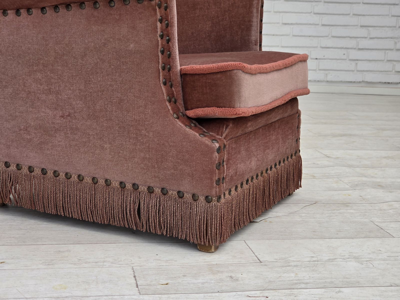 photo furniture 1970s, Danish Armchair, Salmon Pink Furniture Velour, Beech Wood.