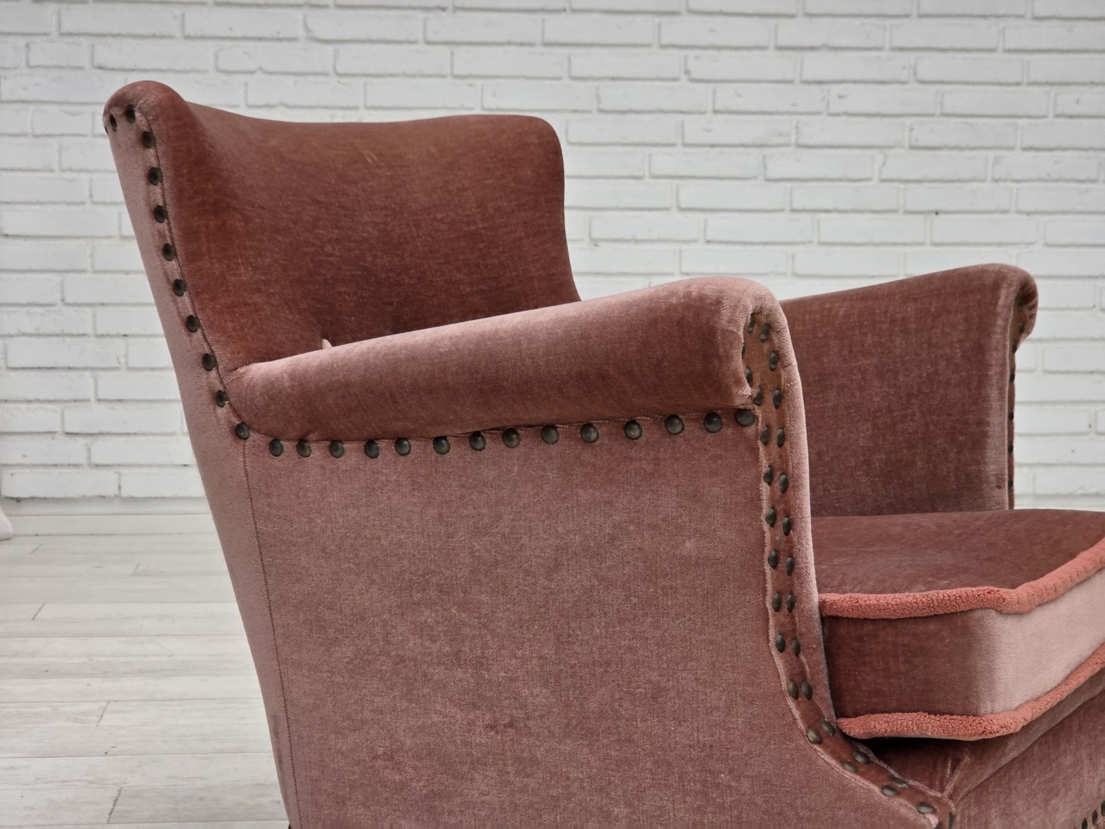 870.0 1970s, Danish Armchair, Salmon Pink Furniture Velour, Beech Wood. photo
