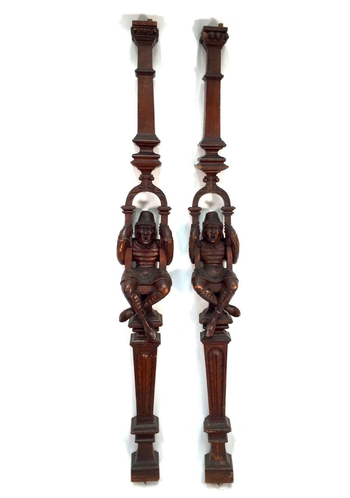 Antique French Hand Carved Wooden Pair Architectural Figures / Pillars / Columns