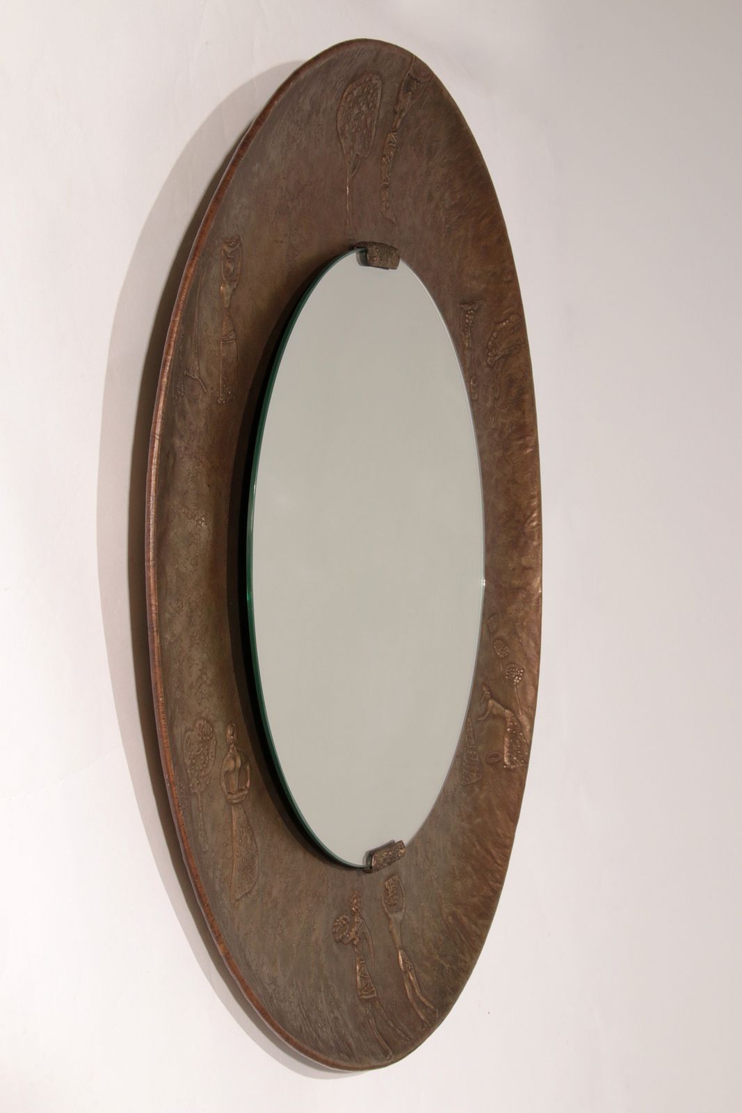 Sculptural Hammered Copper Mirror Attributed To Angelo Bragalini"
