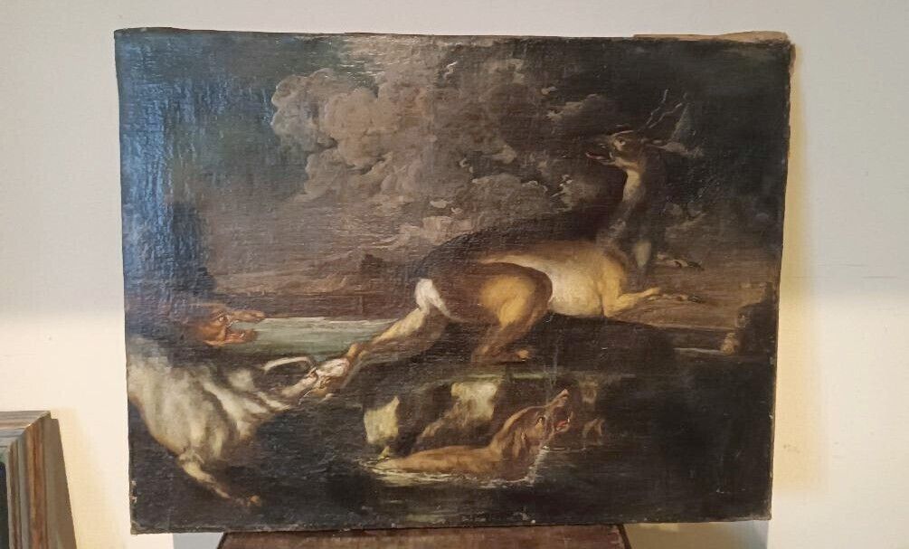 Hunting Scene   Antique Painting From The 17th Century Flemish School photo for sale