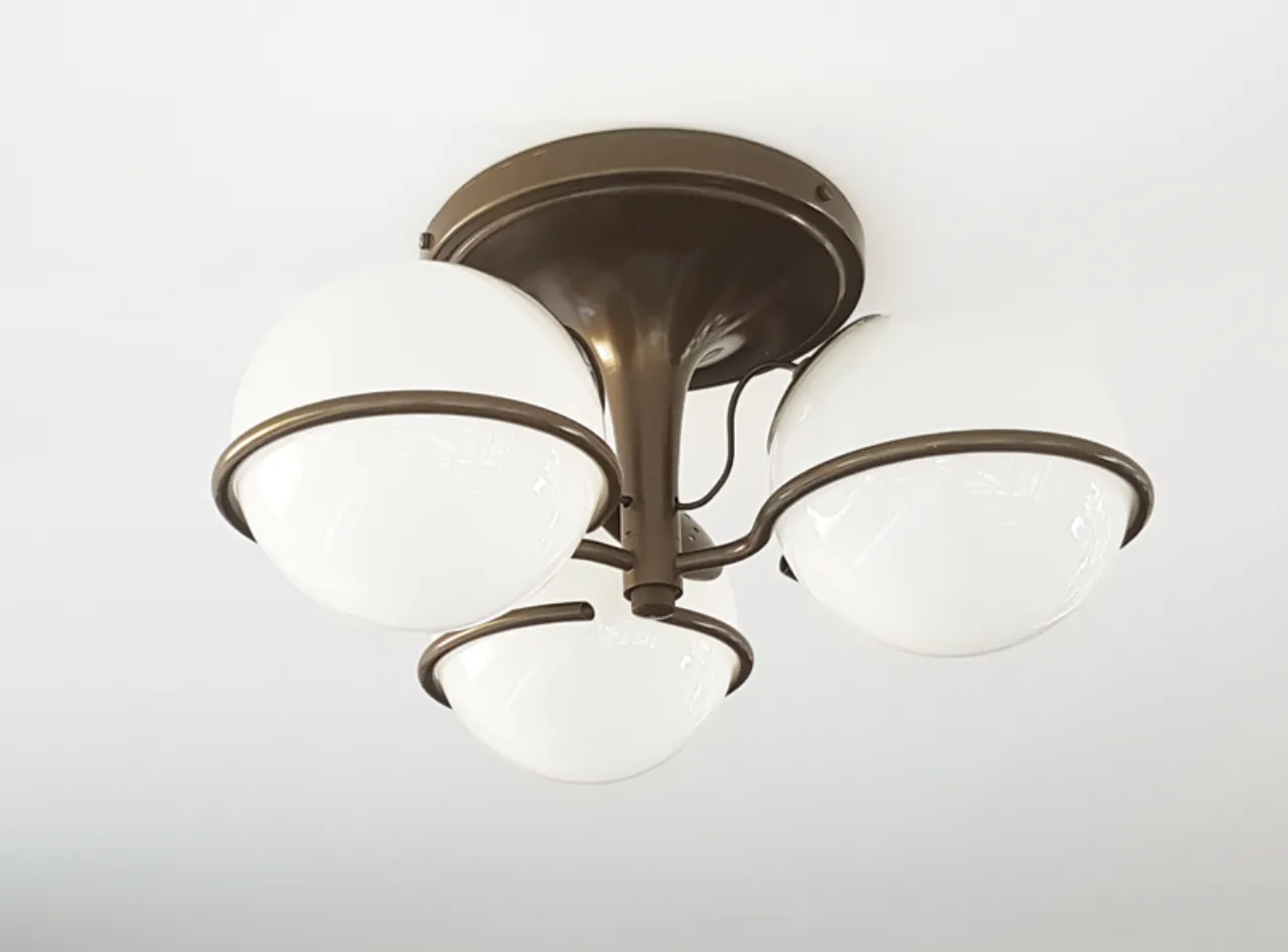Brown And Bronze Metal 2042/3 Ceiling Lamp With Sandblasted Glass Shades By Sarfatti For Arteluce, 1963 photo vintage