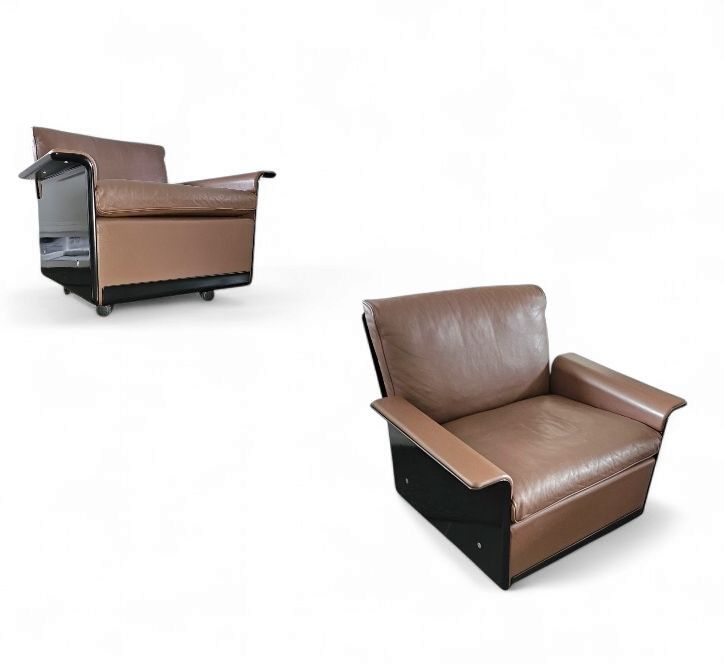 2 X Black Shell & Brown Leather 620 Chair Programme Lounge Chair By Dieter Rams For Vitsoe 1980s